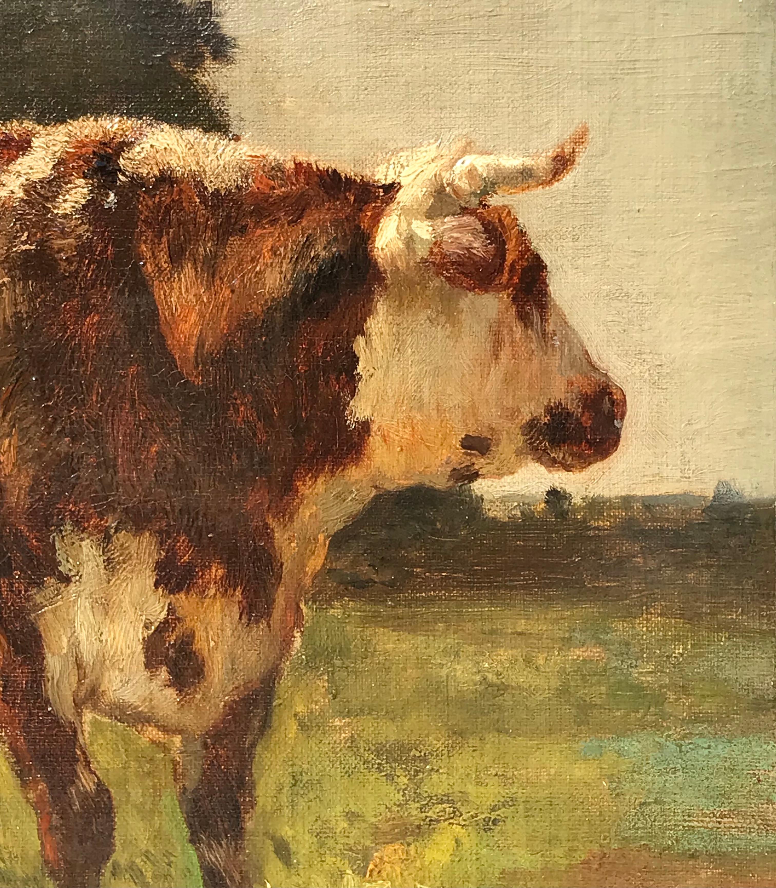 Constant Troyon (francese, 1810-1865)
Vache en prairie
Olio su tela
Tela: 19 x 15 pollici (48,3 x 38,1 cm)
Con cornice: 28,75 x 24,75 x 3 pollici
Timbro della proprietà dell'artista in basso a destra: Vente / Troyon

Proprietà del patrimonio di