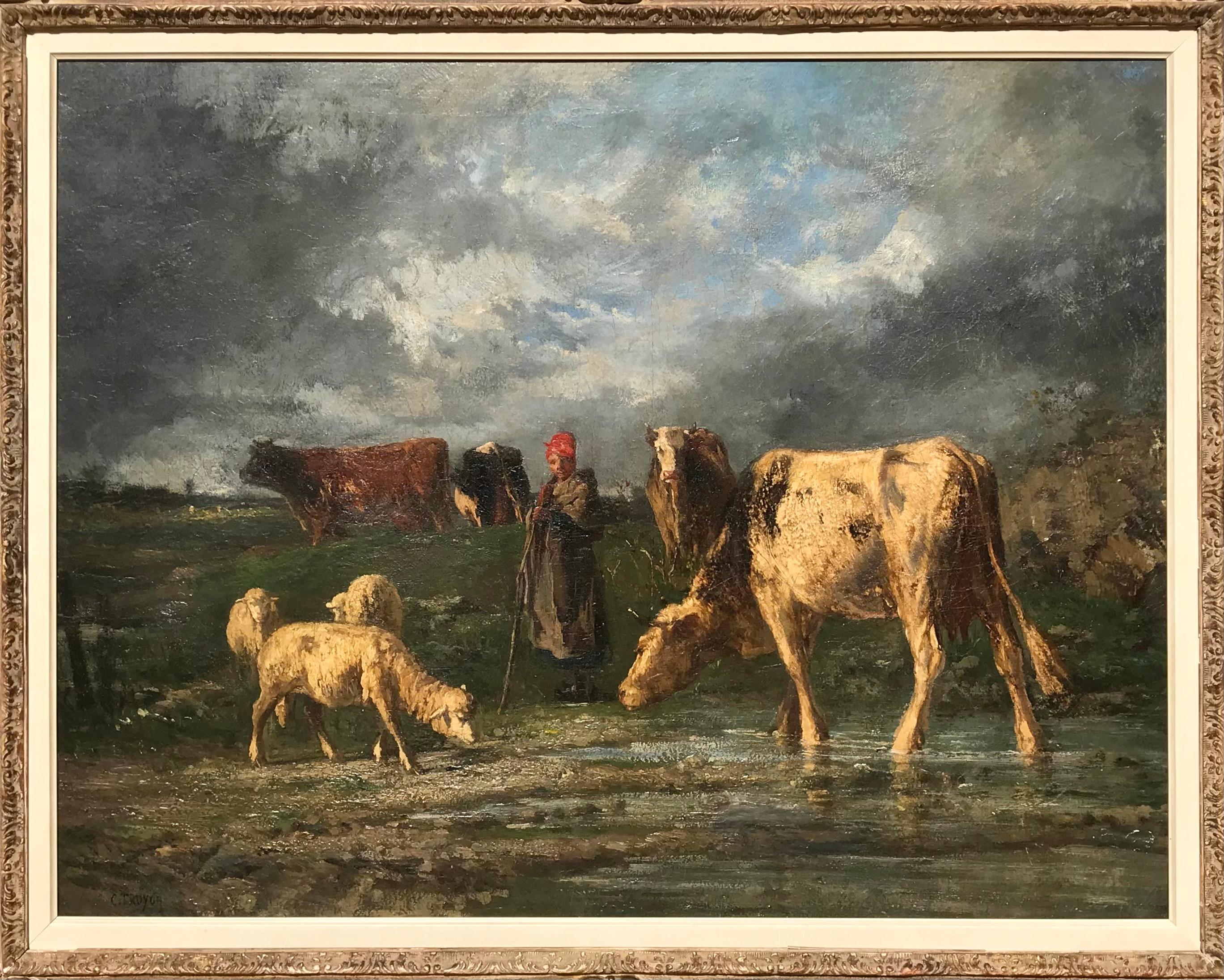 Constant Troyon Pastora dopo la tempesta Pittura ad olio di grandi dimensioni in vendita 1