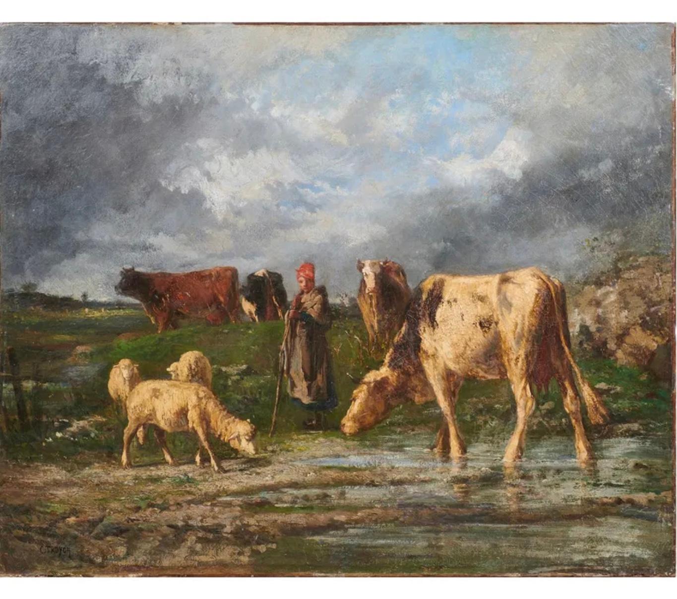 Constant Troyon Pastora dopo la tempesta Pittura ad olio di grandi dimensioni in vendita 2