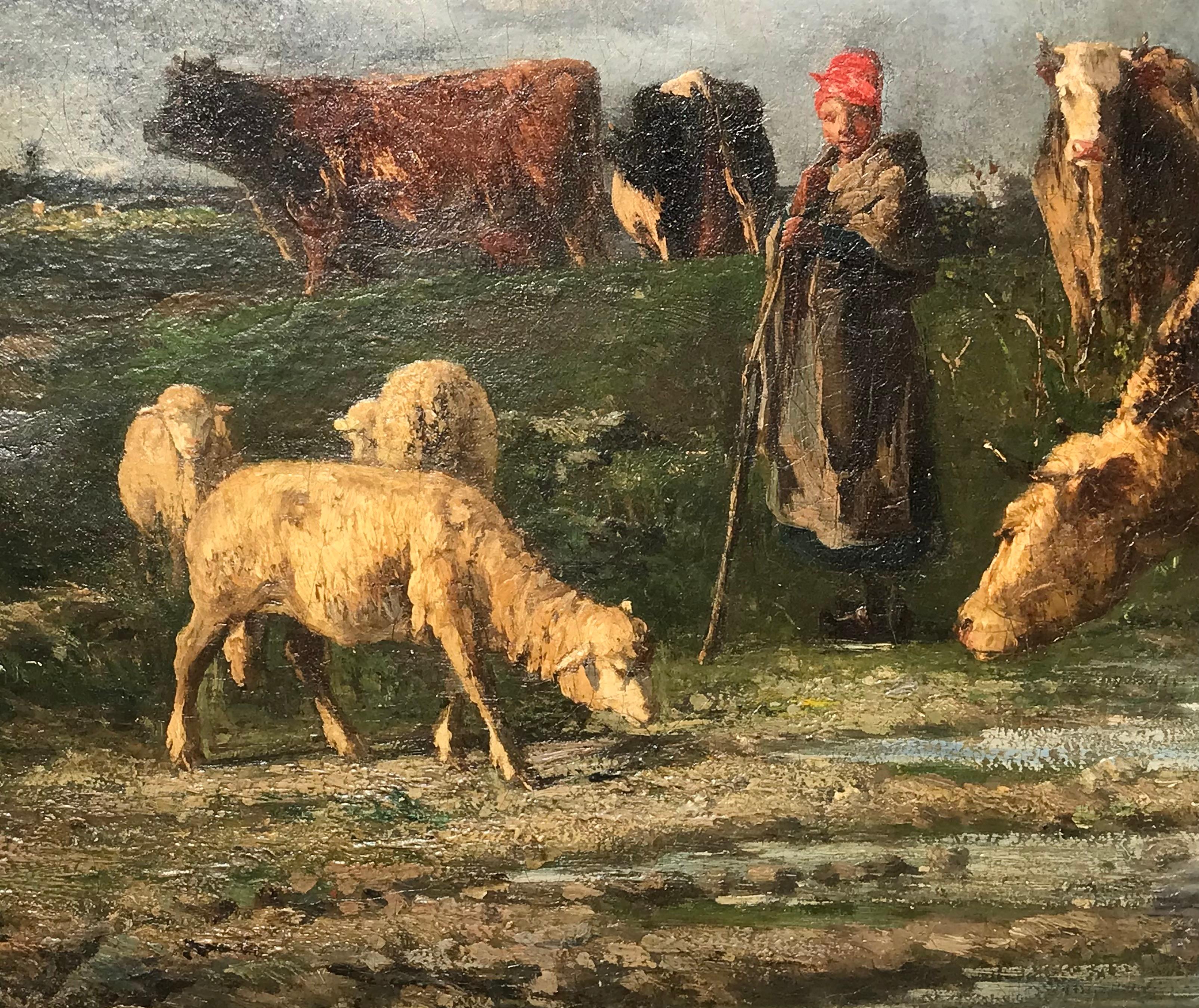 Constant Troyon Pastora dopo la tempesta Pittura ad olio di grandi dimensioni in vendita 3
