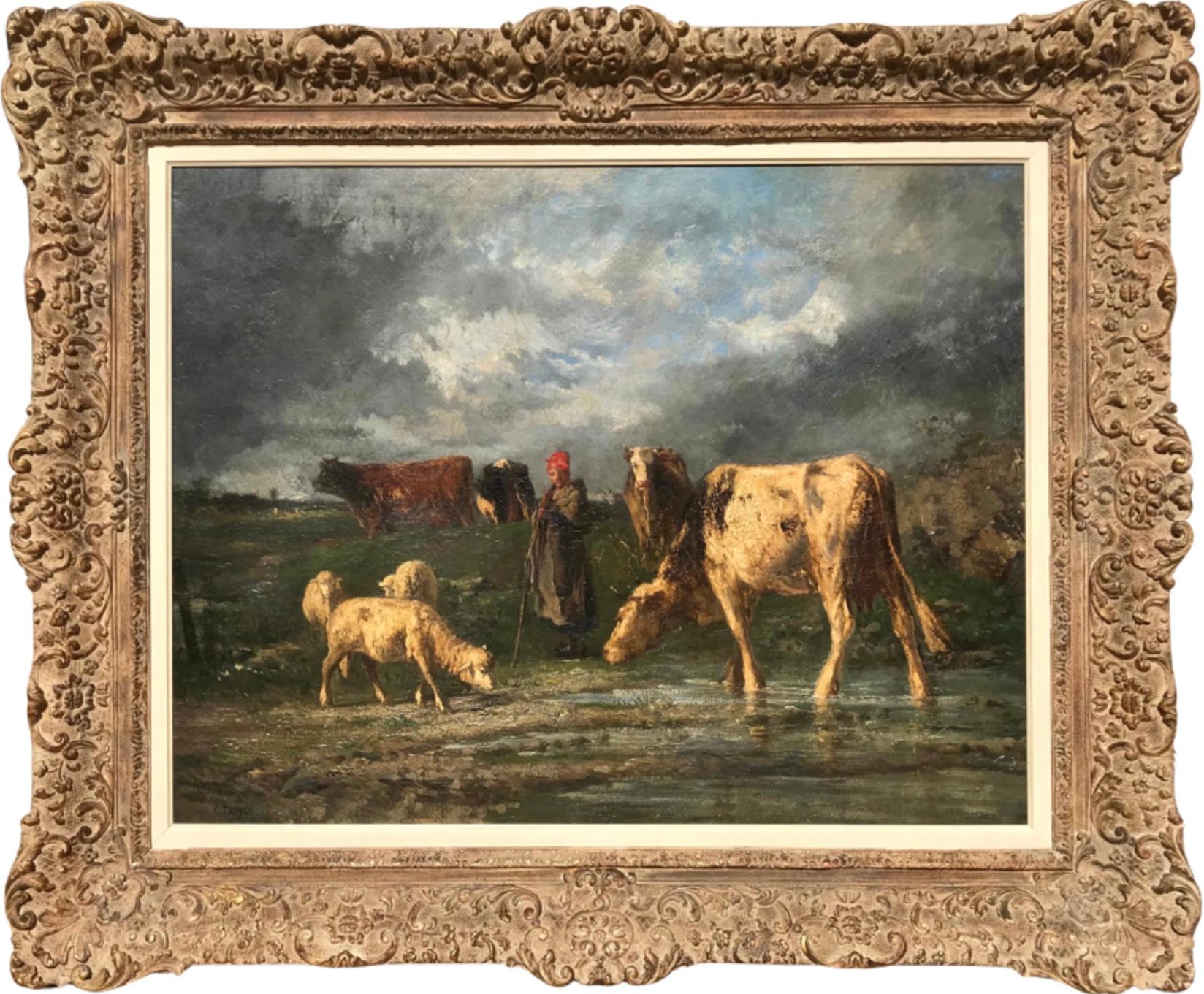 Constant Troyon Pastora dopo la tempesta Pittura ad olio di grandi dimensioni in vendita 7
