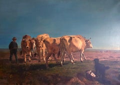 Farmers' scene, important oil on canvas, XIXth century