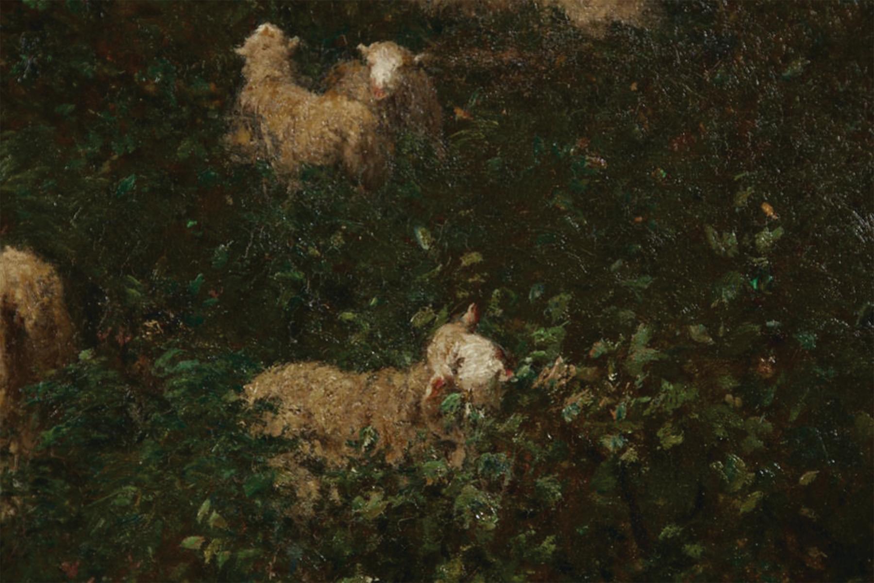 Constant Troyon (francés, 1810-1865)
Le Berger et la Mer (El Pastor y el Mar)
Óleo sobre lienzo
32,75 x 50,75 pulgadas
40 x 57 pulgadas, enmarcado

Esta obra representa a un pastor y su perro pastor cuidando de su rebaño en un camino soleado con