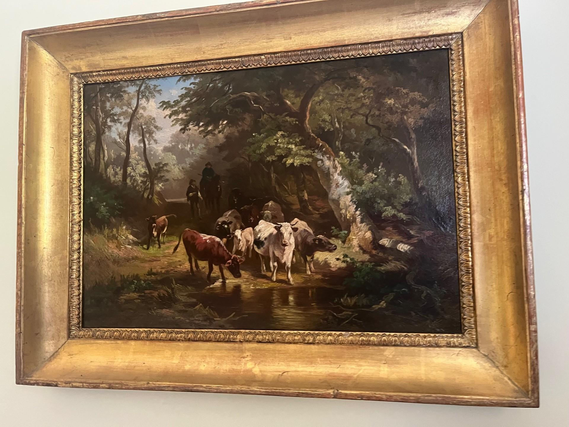 Peinture à l'huile de Barbizon du XIXe siècle représentant des bovins et un berger s'abreuvant dans un ruisseau - Painting de Constant Troyon