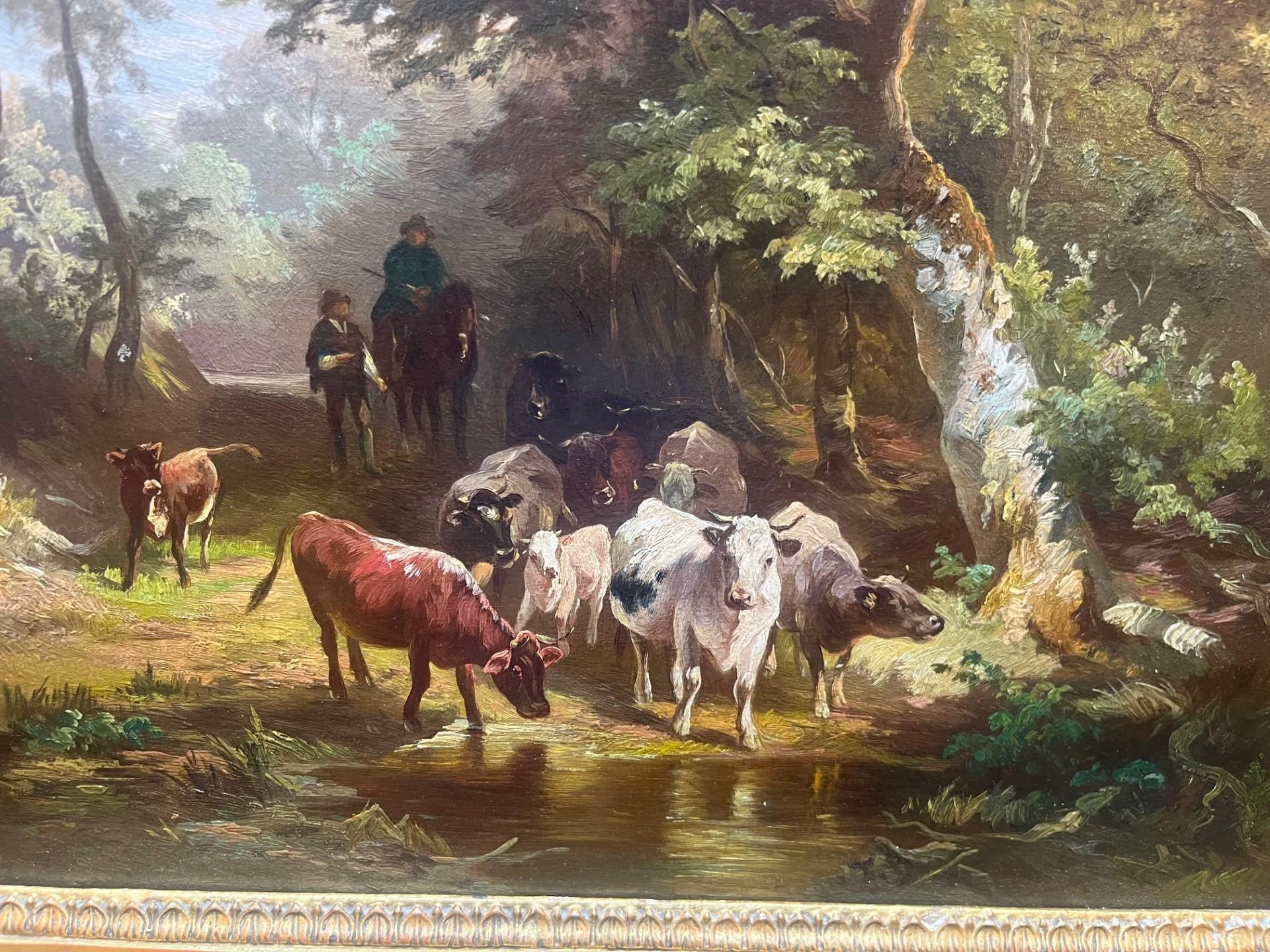 Peinture à l'huile de Barbizon du XIXe siècle représentant des bovins et un berger s'abreuvant dans un ruisseau - École de Barbizon Painting par Constant Troyon