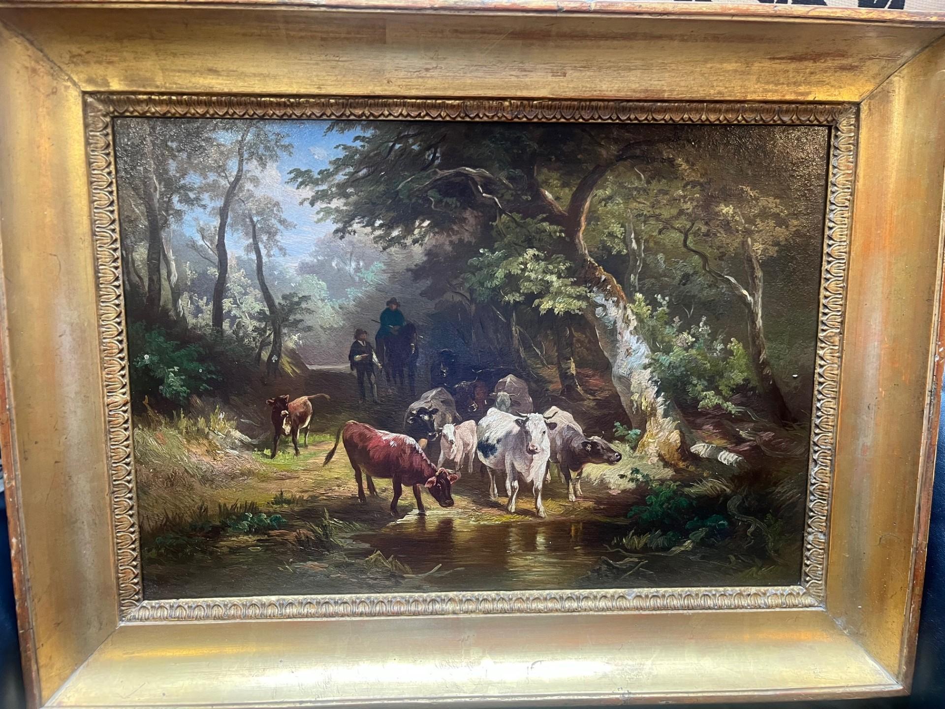 Peinture à l'huile de Barbizon du XIXe siècle représentant des bovins et un berger s'abreuvant dans un ruisseau - Marron Animal Painting par Constant Troyon