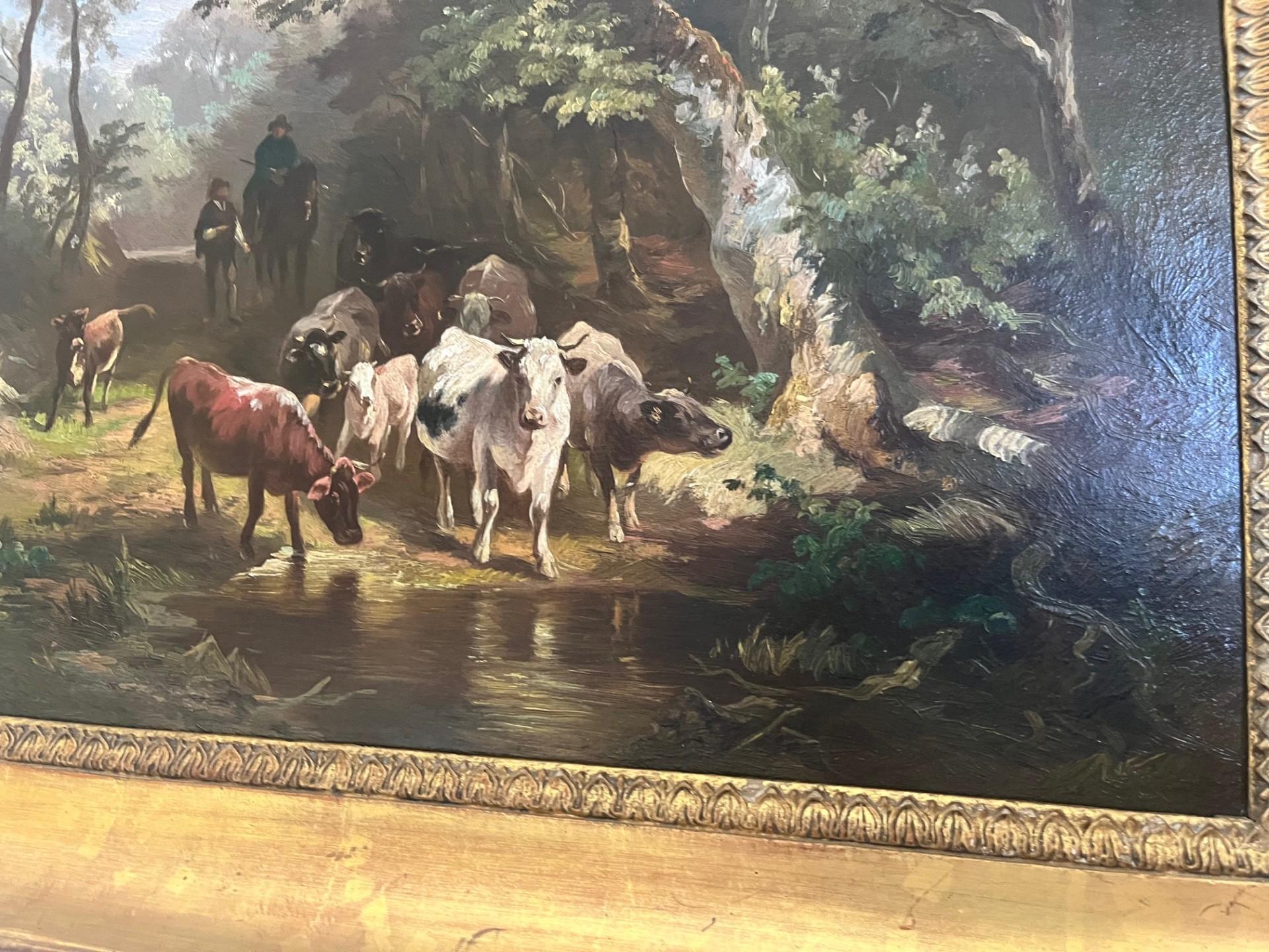 Peinture à l'huile du XIXe siècle de l'école de Barbizon représentant des bovins traversant des bois et s'abreuvant à un ruisseau.  
Constant Troyon est un 
