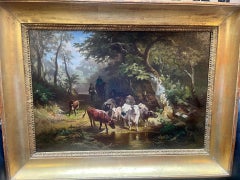 Dipinto a olio di Barbizon del XIX secolo raffigurante un bovino e un pastore che si abbeverano in un ruscello