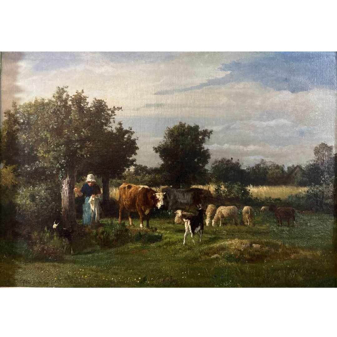 Peinture à l'huile sur toile ancienne du 19ème siècle « Shepherdess With Farm Animals »  - Painting de Constant Troyon