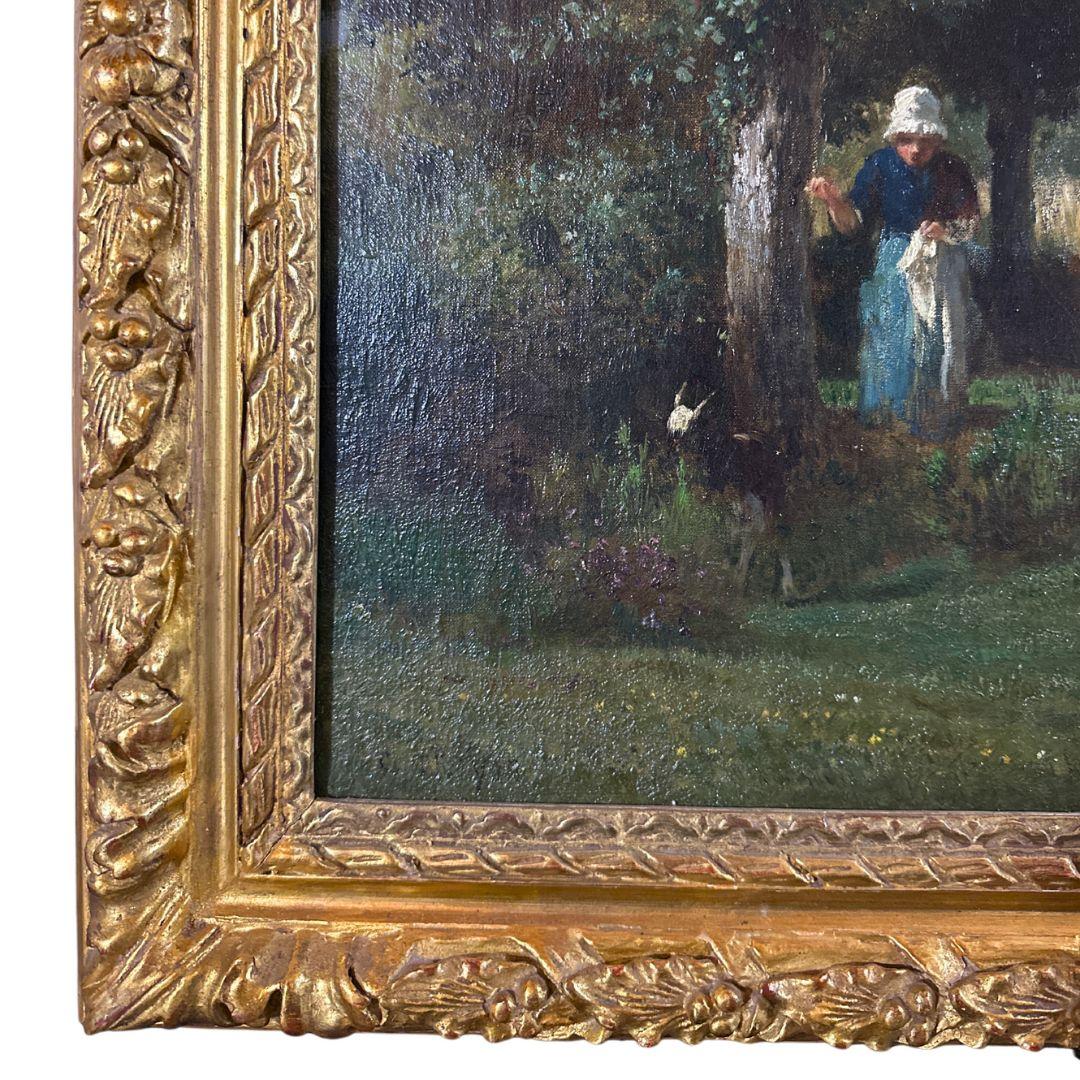 Peinture à l'huile sur toile ancienne du 19ème siècle « Shepherdess With Farm Animals »  en vente 1