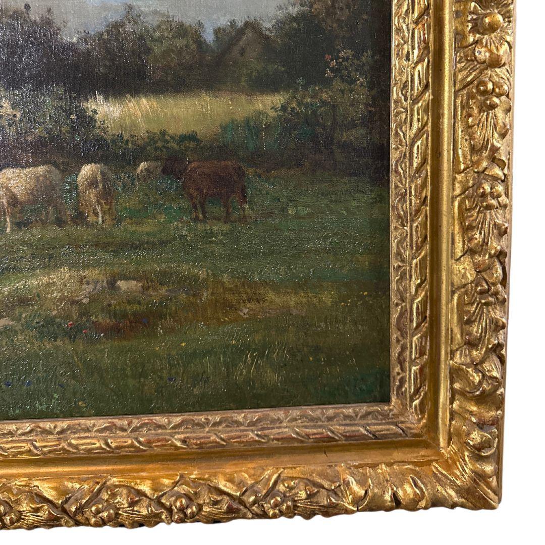 Peinture à l'huile sur toile ancienne du 19ème siècle « Shepherdess With Farm Animals »  en vente 2