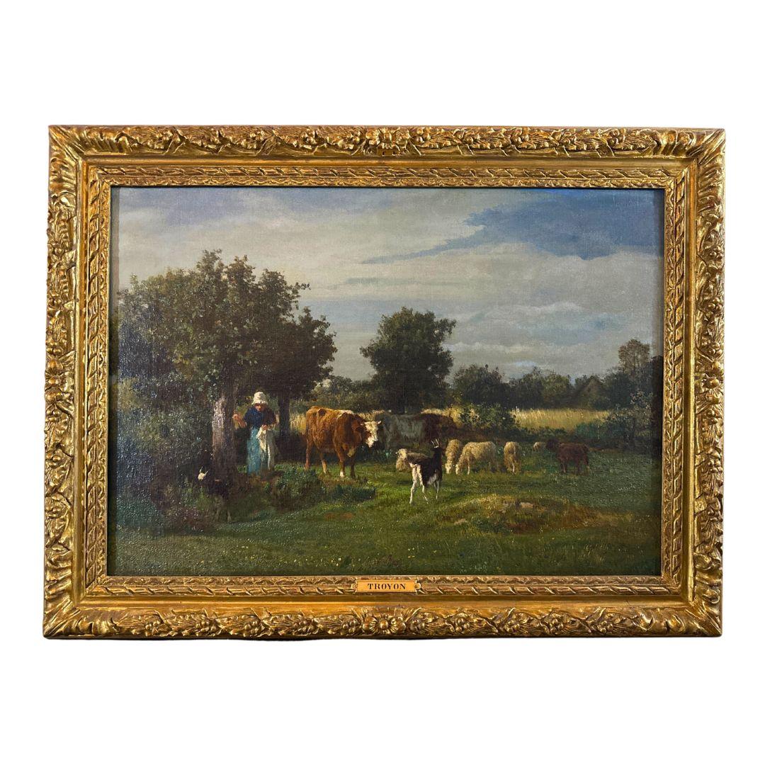 Animal Painting Constant Troyon - Peinture à l'huile sur toile ancienne du 19ème siècle « Shepherdess With Farm Animals » 