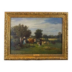 Peinture à l'huile sur toile ancienne du 19ème siècle « Shepherdess With Farm Animals » 