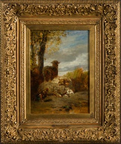 Three Sheep and a Rooster Oil Painting