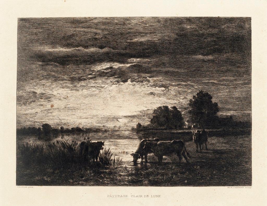 Paturage. Clair de lune - Etching by Constant Troyon - 19th Century