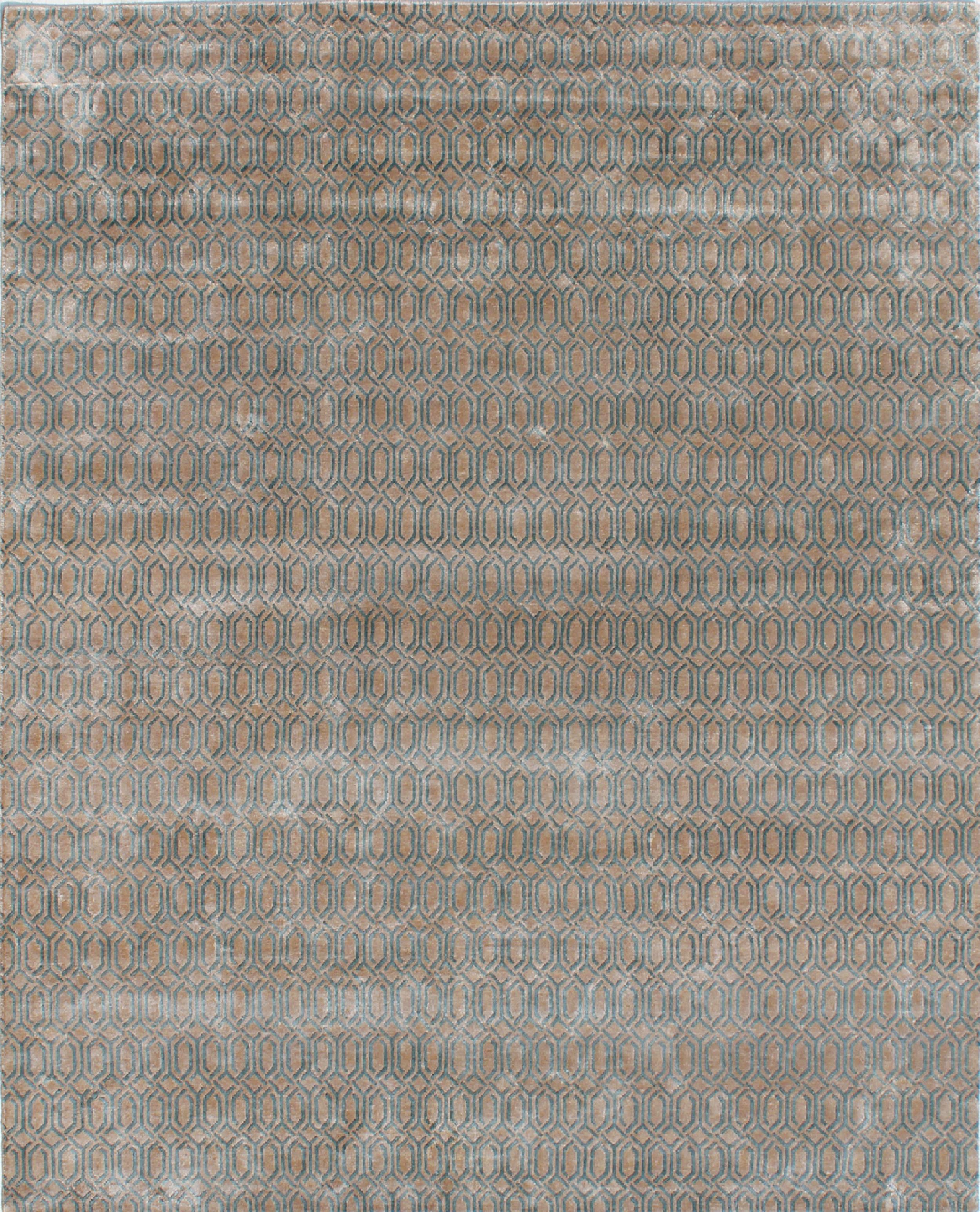Modern CONSTANT Hand Knotted Contemporary Silk Rug, Taupe & Turquoise Colours by Hands For Sale