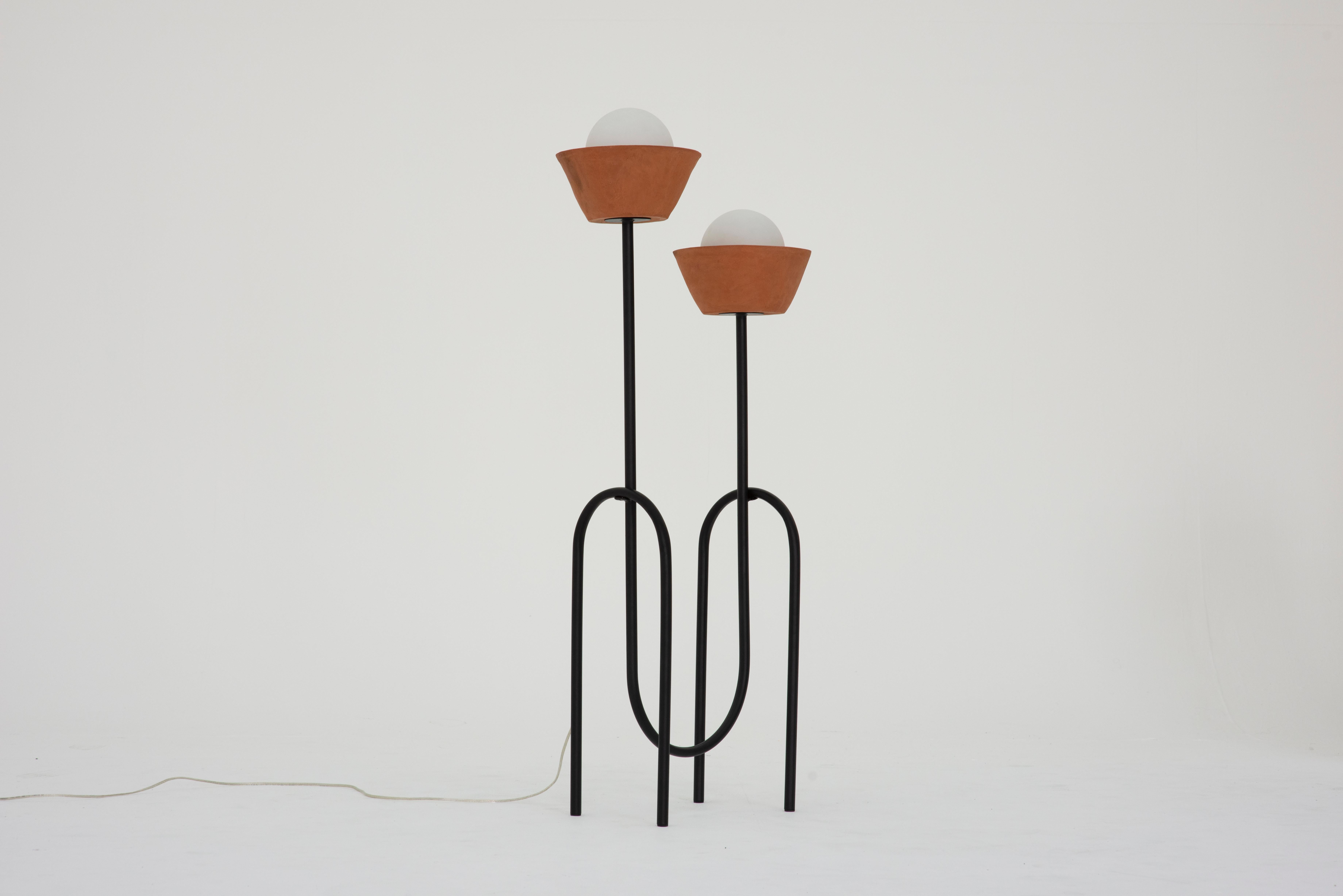 Constante Standing Lamp by Estudio Calido
Dimensions: D 25 x W 53 x H 122 cm.
Materials: Metal, Terracota Clay, Glass. 
Weight: 8.5 kg. 

In regards to our Production Process: since it is a handmade process, dimensions may vary. With the