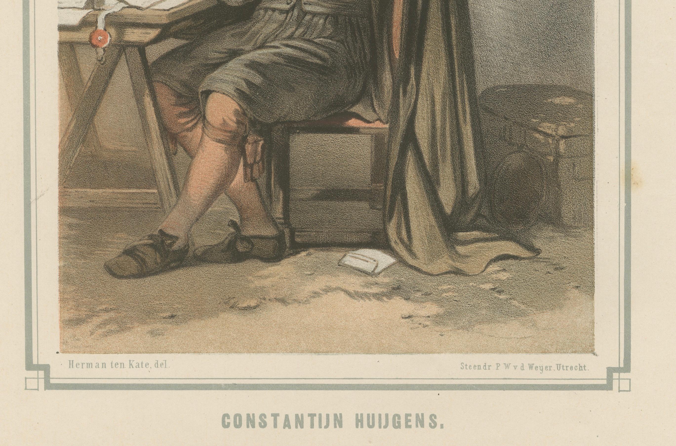 Constantijn Huygens - Poeta e statista olandese del Secolo d'Oro, litografia del XIX secolo

Questa elegante litografia colorata a mano del XIX secolo raffigura Constantijn Huygens, una delle figure più influenti del Secolo d'Oro olandese. Poeta,