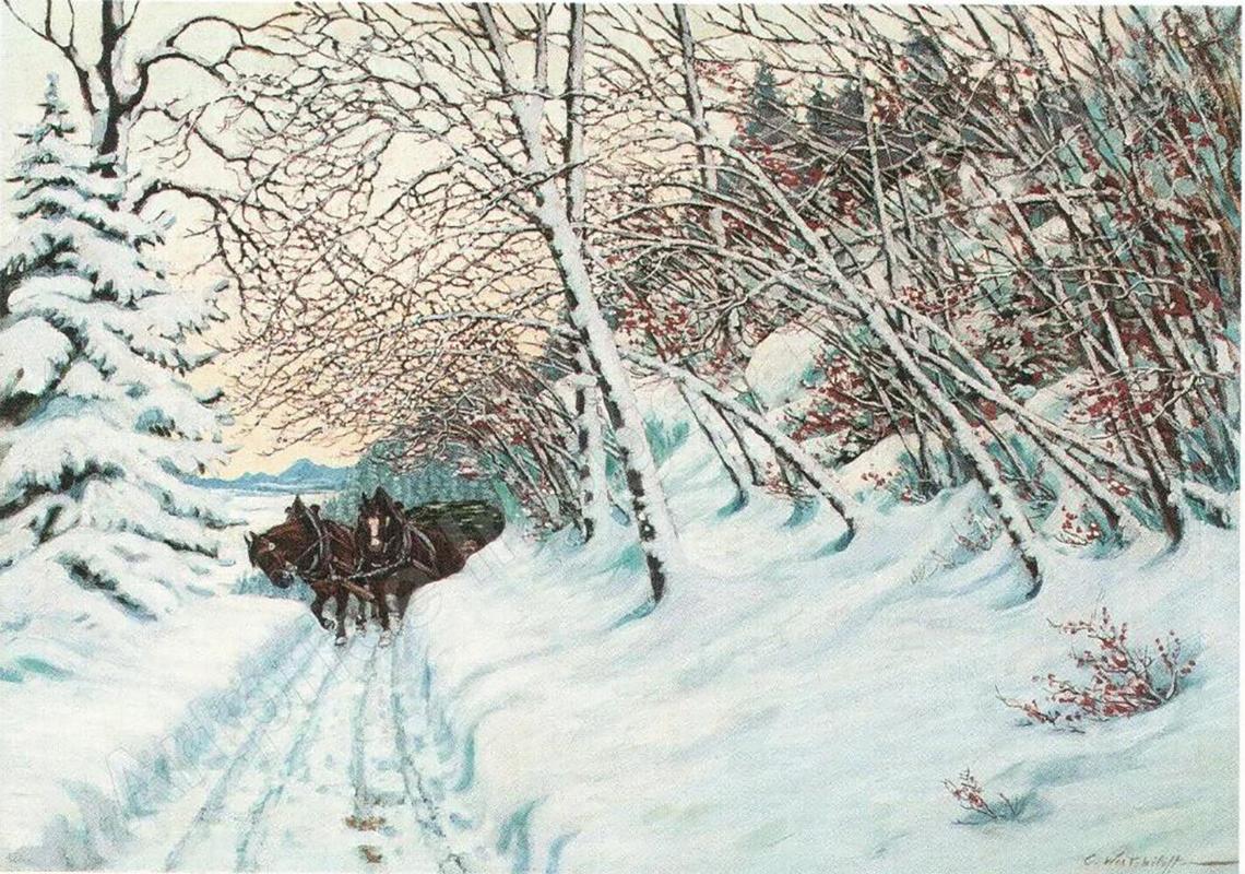 Constantin A Westchiloff Landscape Painting - "Chevaux dans la neige"