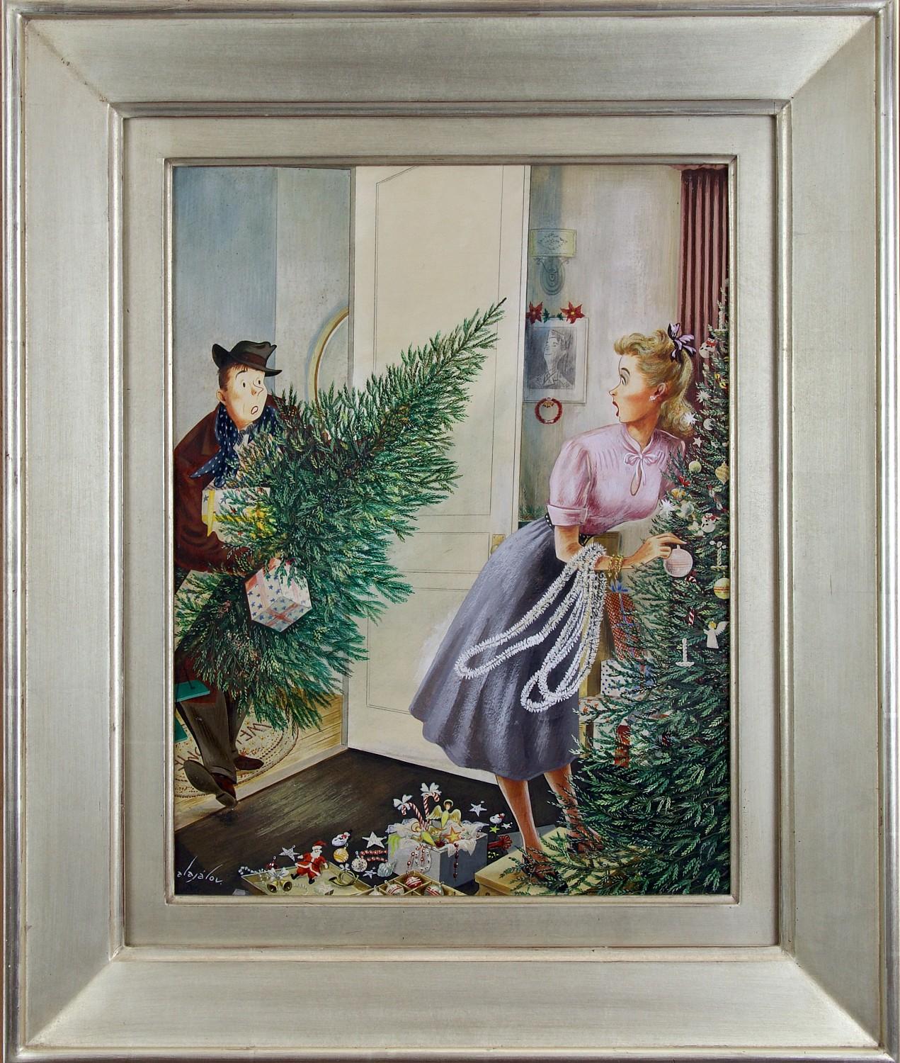 L'amore per l'albero di Natale, copertina originale per The Saturday Evening Post - Painting di Constantin Alajalov