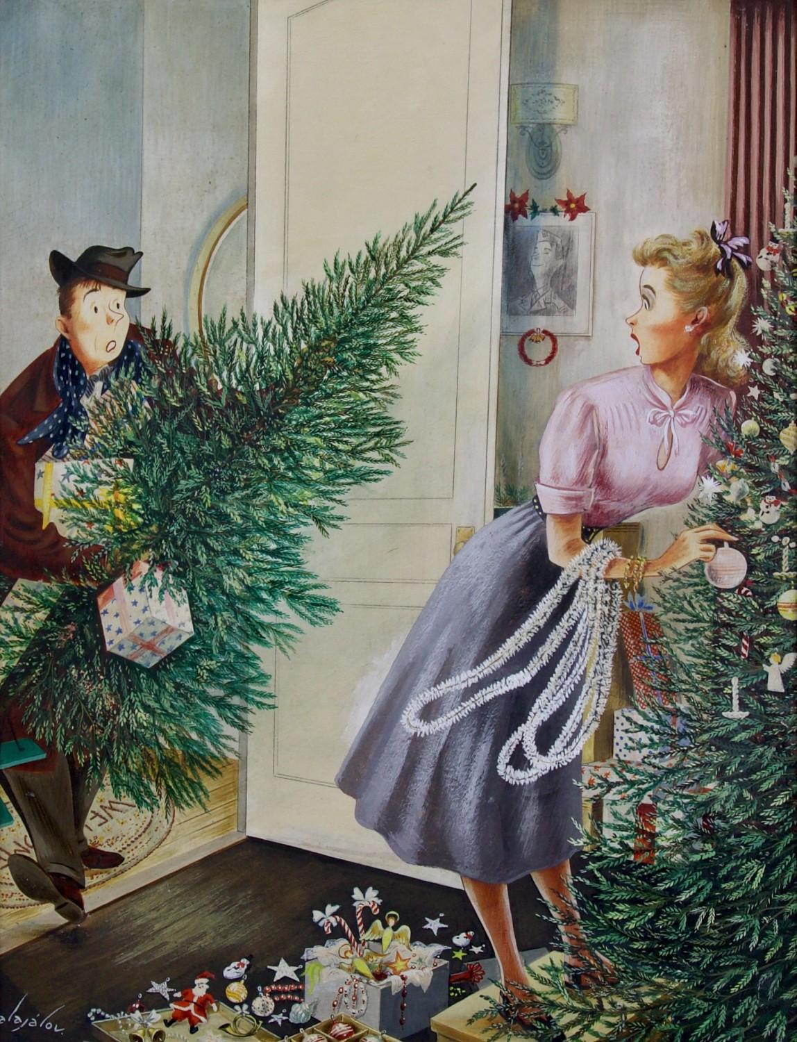 Figurative Painting di Constantin Alajalov - L'amore per l'albero di Natale, copertina originale per The Saturday Evening Post