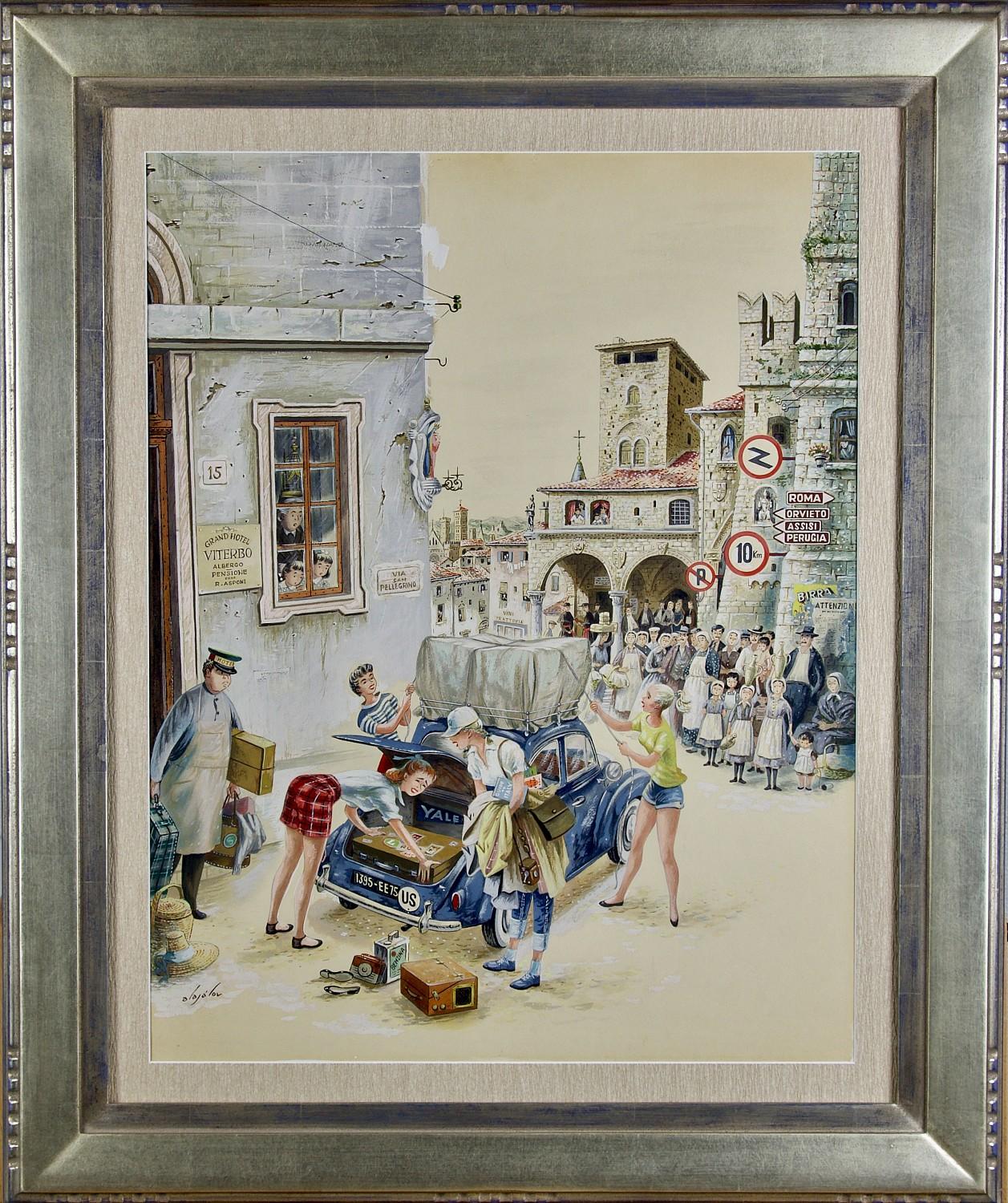 Coed Tourists in Italy, Portada original para The Saturday Evening Post - Painting de Constantin Alajalov