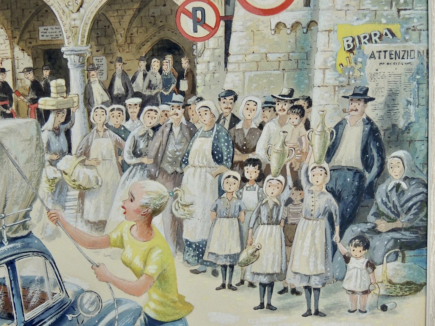 Coed Tourists in Italy, Portada original para The Saturday Evening Post - Figurative Painting Gris de Constantin Alajalov