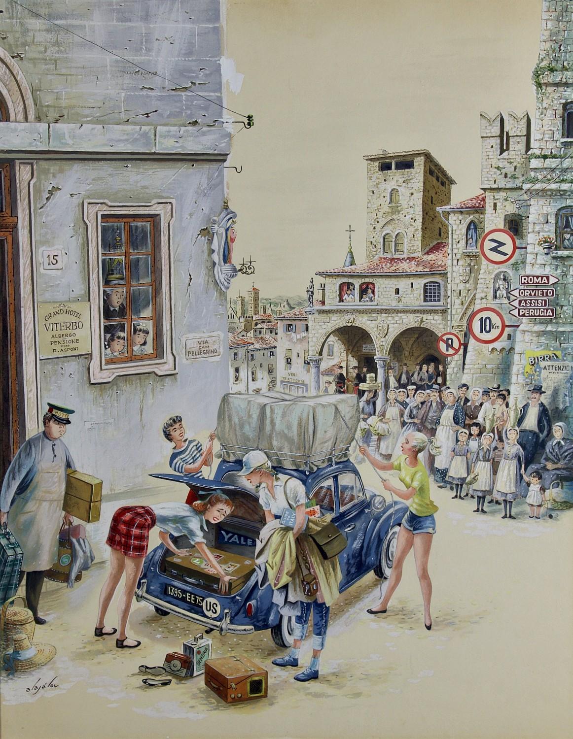 Figurative Painting de Constantin Alajalov - Coed Tourists in Italy, Portada original para The Saturday Evening Post