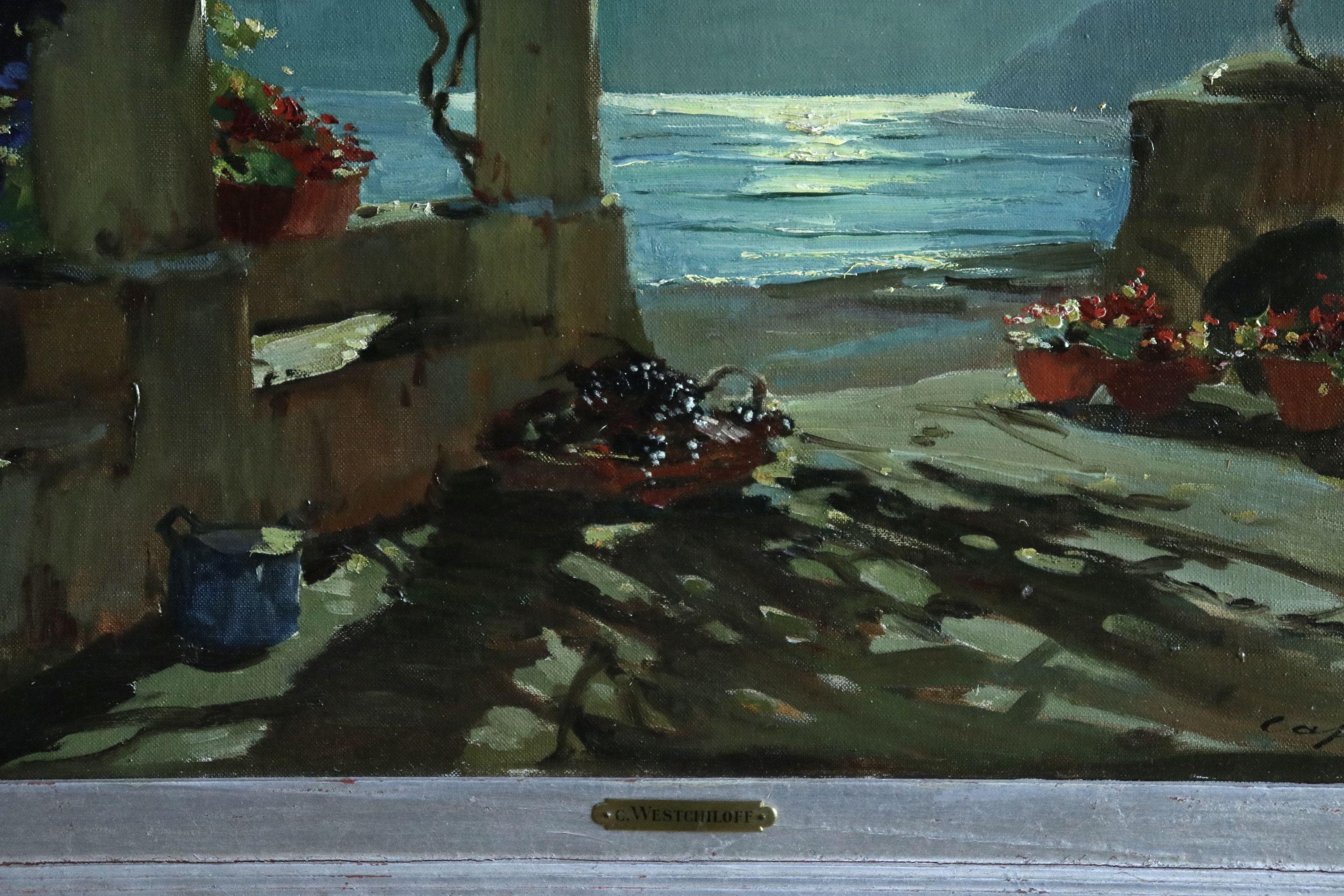 Capri - Moonlight - 20th Century Oil, Sea Landscape at Night by C A Westchiloff - American Impressionist Painting by Constantin Aleksandrovich Westchiloff
