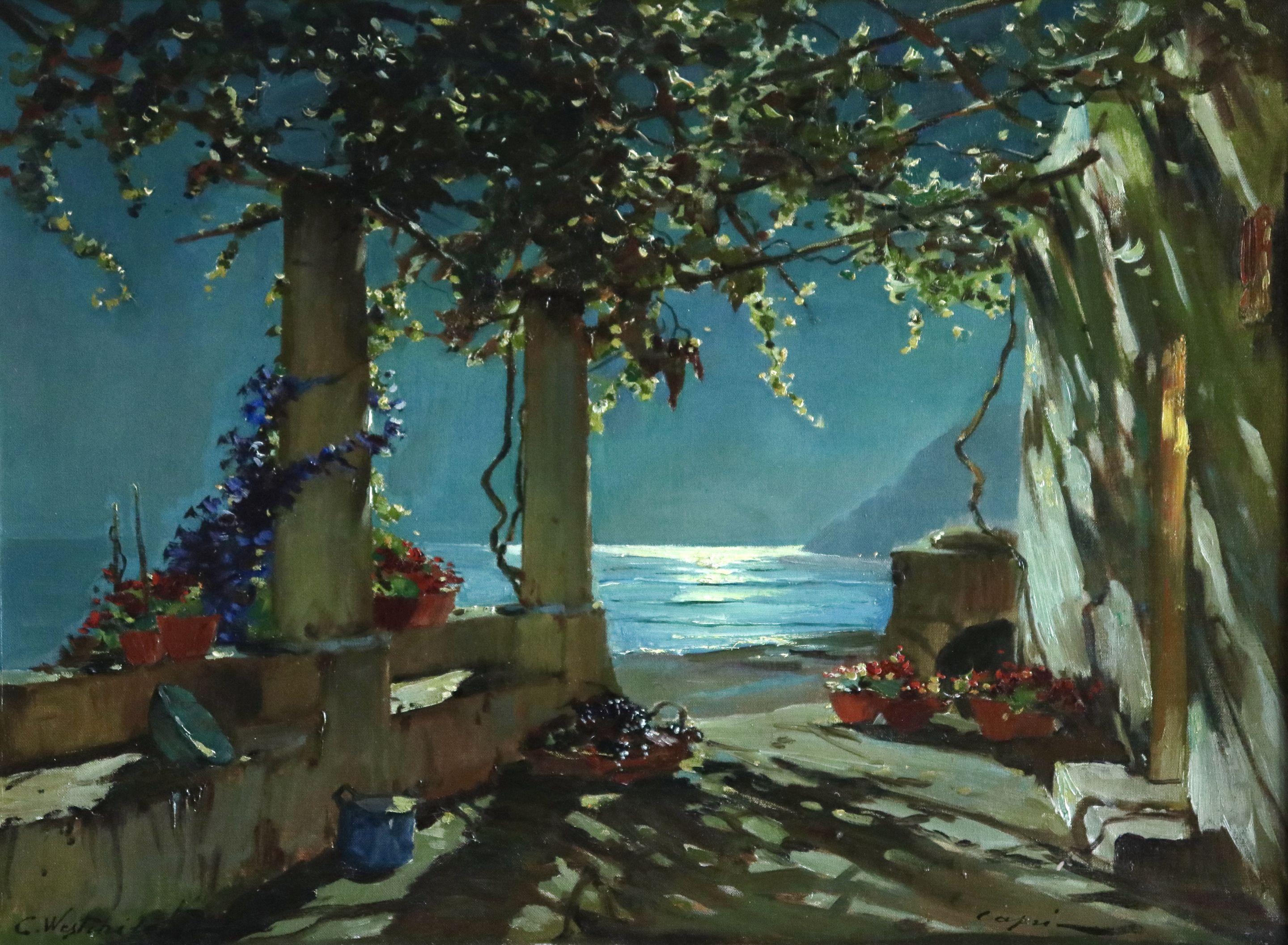 Constantin Aleksandrovich Westchiloff Landscape Painting - Capri - Moonlight - 20th Century Oil, Sea Landscape at Night by C A Westchiloff