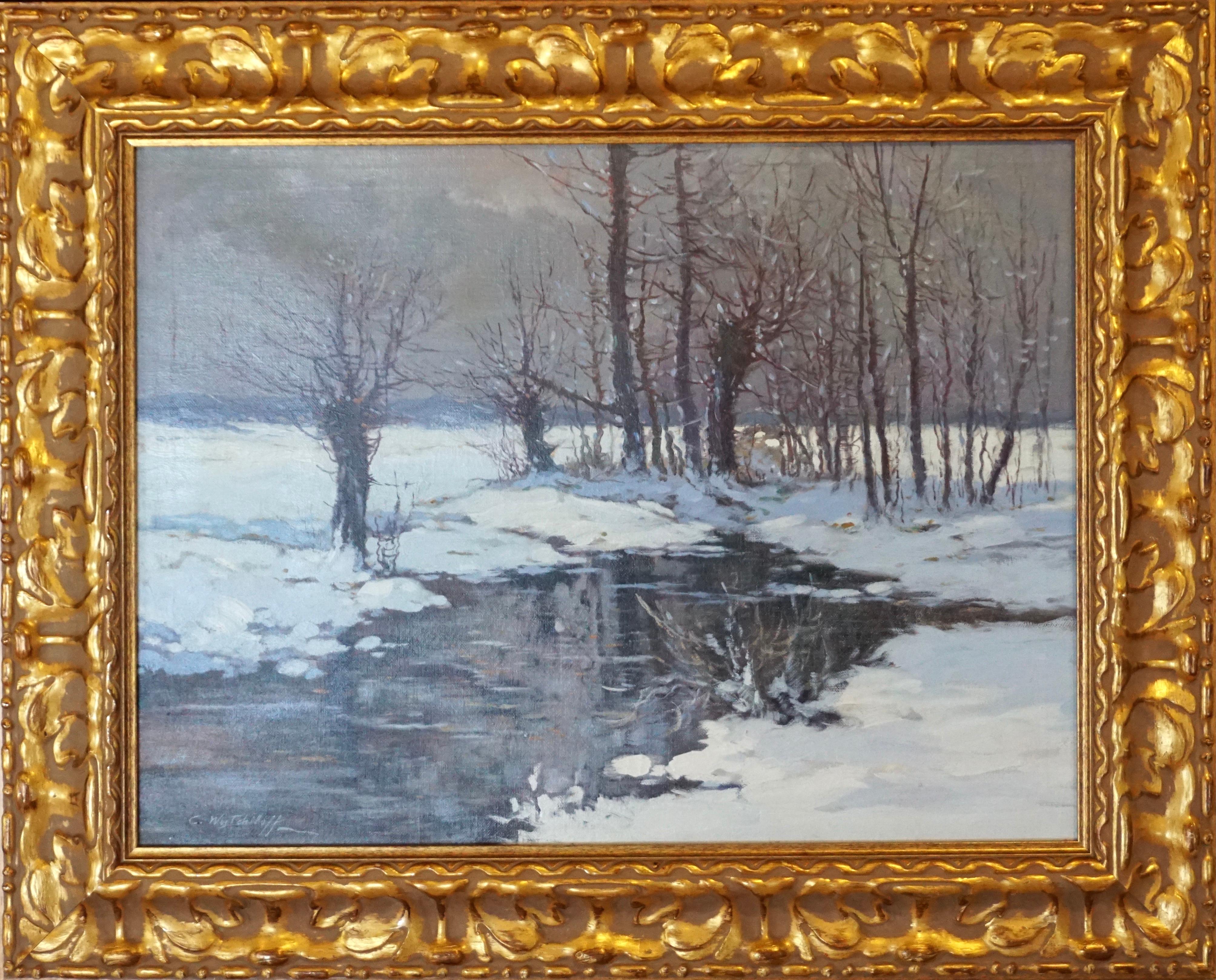 Constantin Alexandrovitch Westchiloff (American/Russian, 1877-1945), untitled scene of a snowy far off meadow in the moon light. Oil on canvas, signed lower right

Measures: Canvas: 20.85 x 27.75 inches
Framed: 29 x 35.75 inches

Condition: