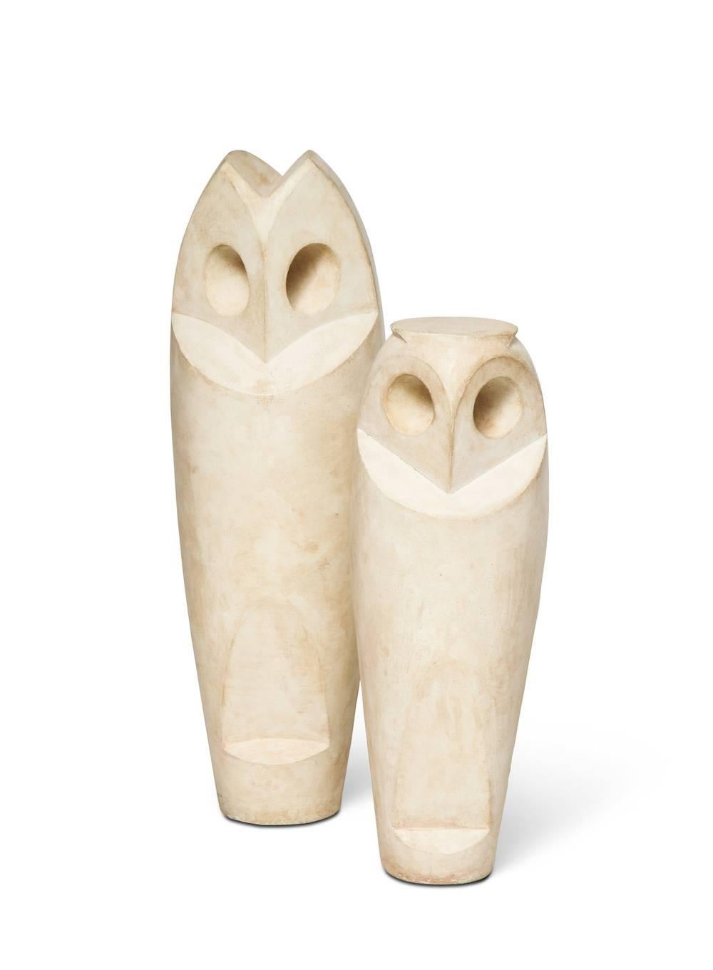 Untitled Owls, Constantin Antonovici.
Modernist owl forms of cast stone. Signed and dated by the artist, with an inscription to the recipient of the sculptures. Antonovici is said to have been the closest and most favored student of Constantin