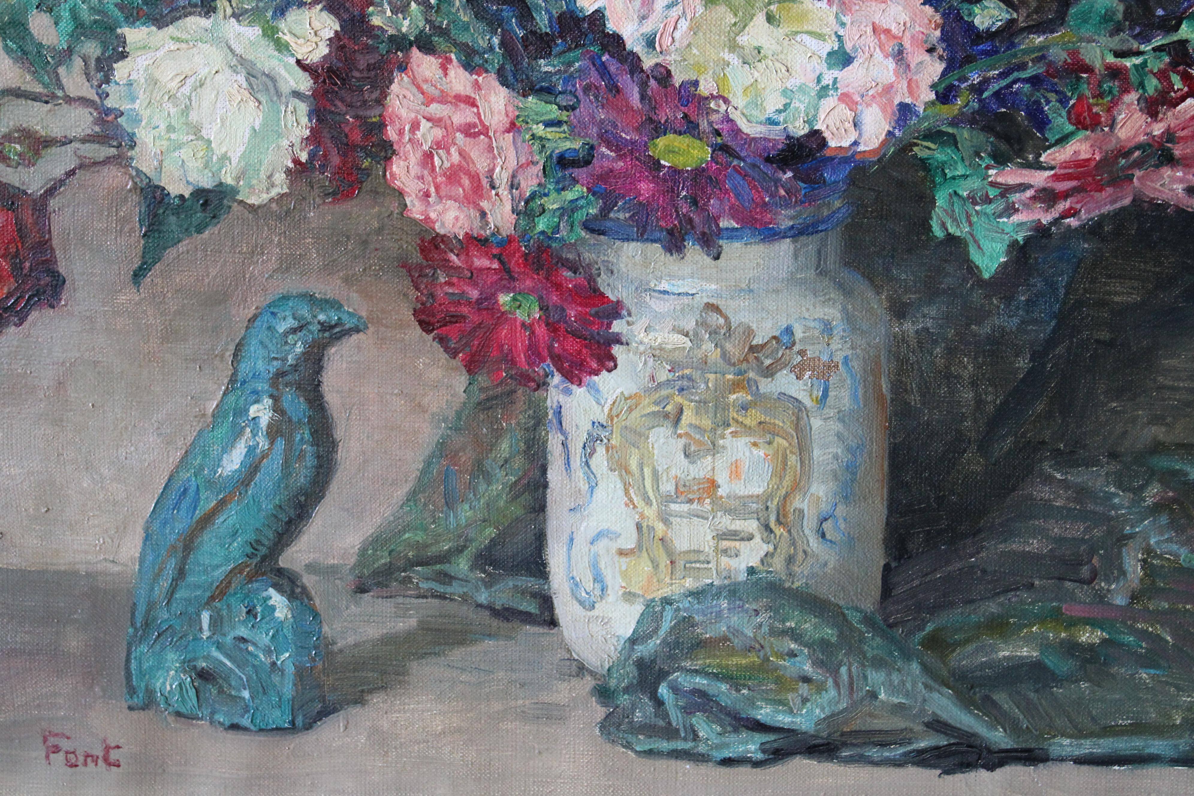 Grande peinture à l'huile vintage représentant des fleurs dans un vase de Constantin Font 5