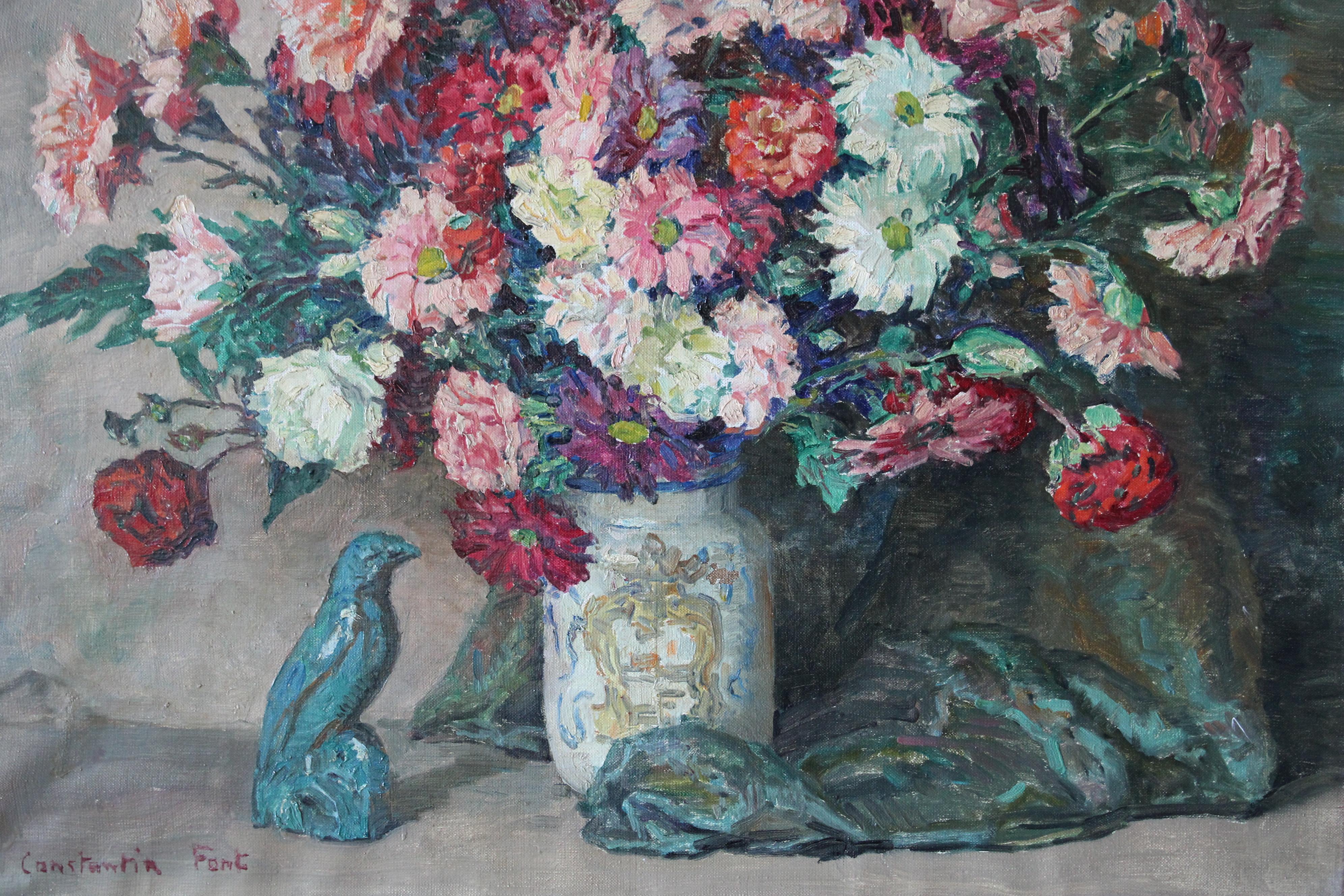 Grande peinture à l'huile vintage représentant des fleurs dans un vase de Constantin Font - Painting de Constantin FONT
