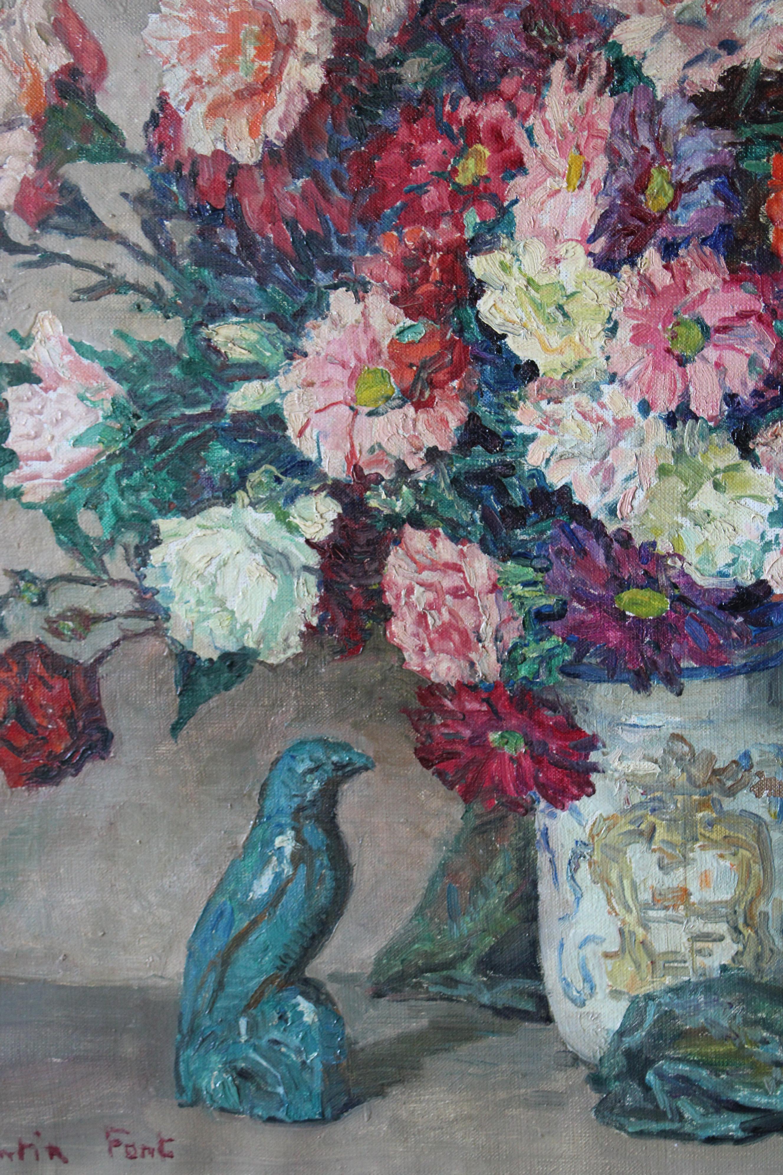 Grande peinture à l'huile vintage représentant des fleurs dans un vase de Constantin Font - École française Painting par Constantin FONT
