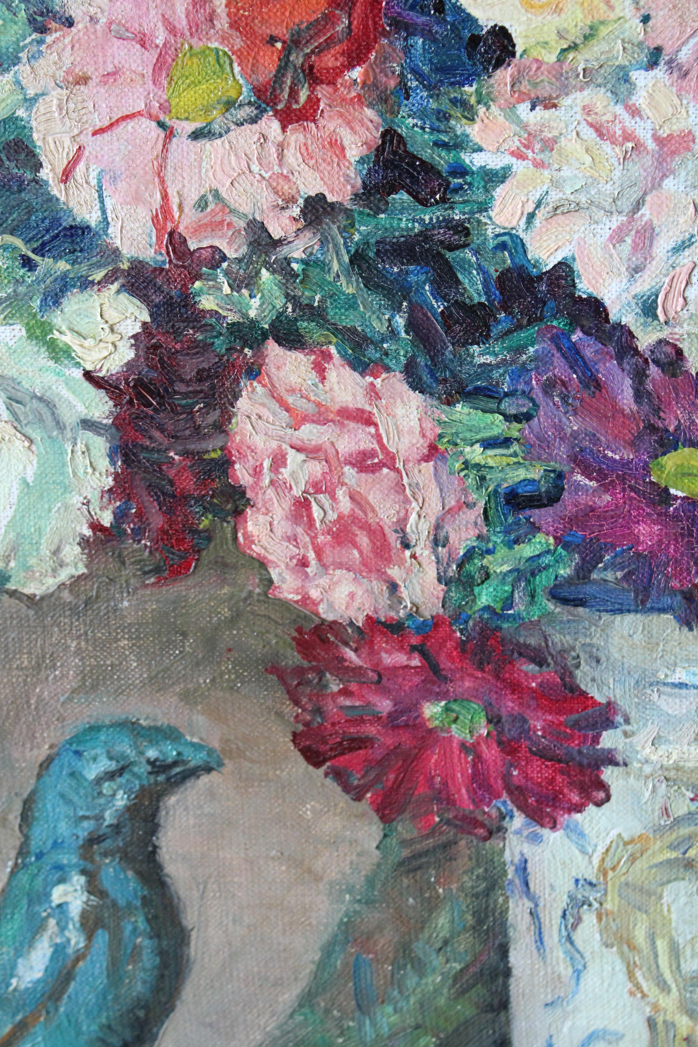 Grande peinture à l'huile vintage représentant des fleurs dans un vase de Constantin Font 1