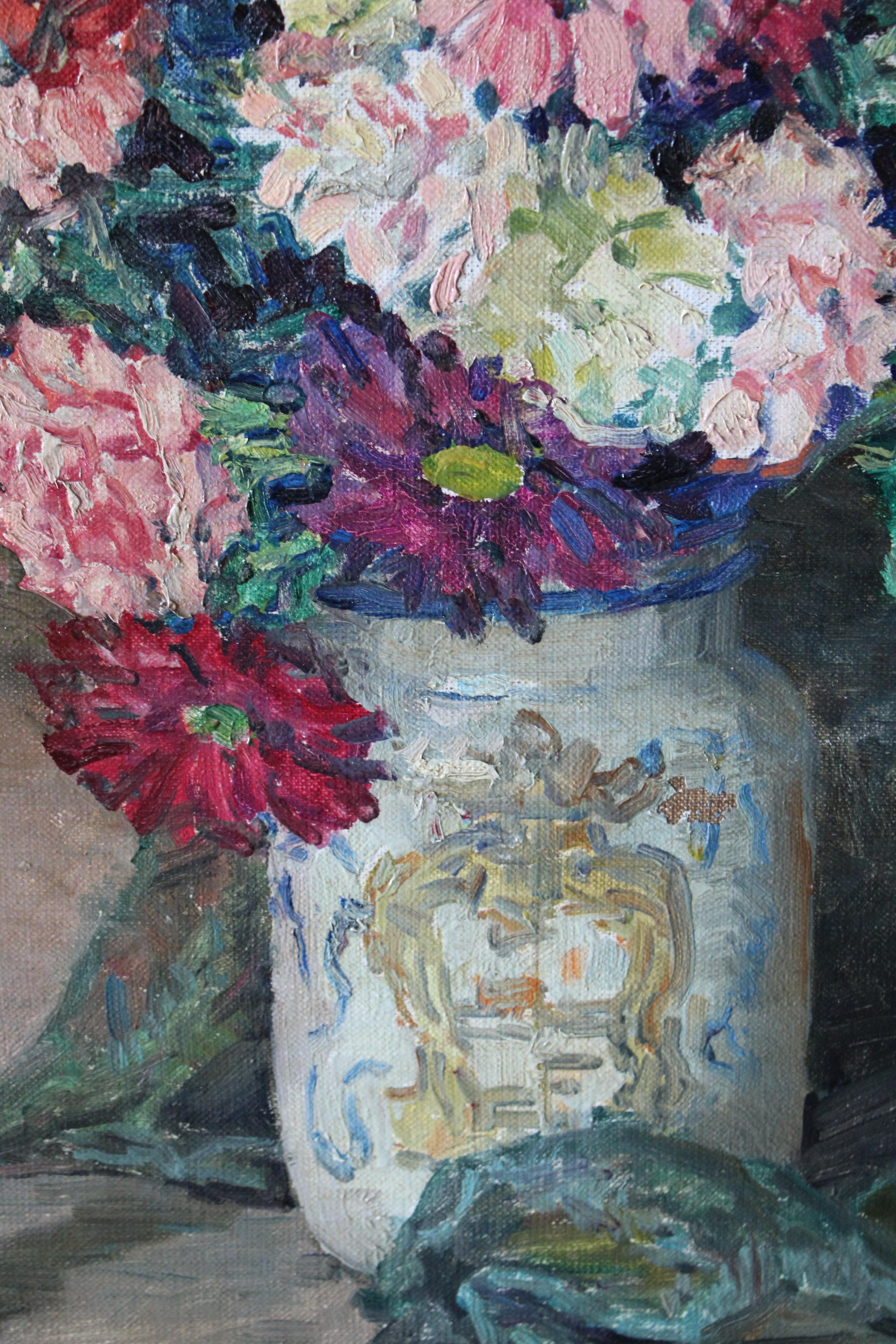 Grande peinture à l'huile vintage représentant des fleurs dans un vase de Constantin Font 2