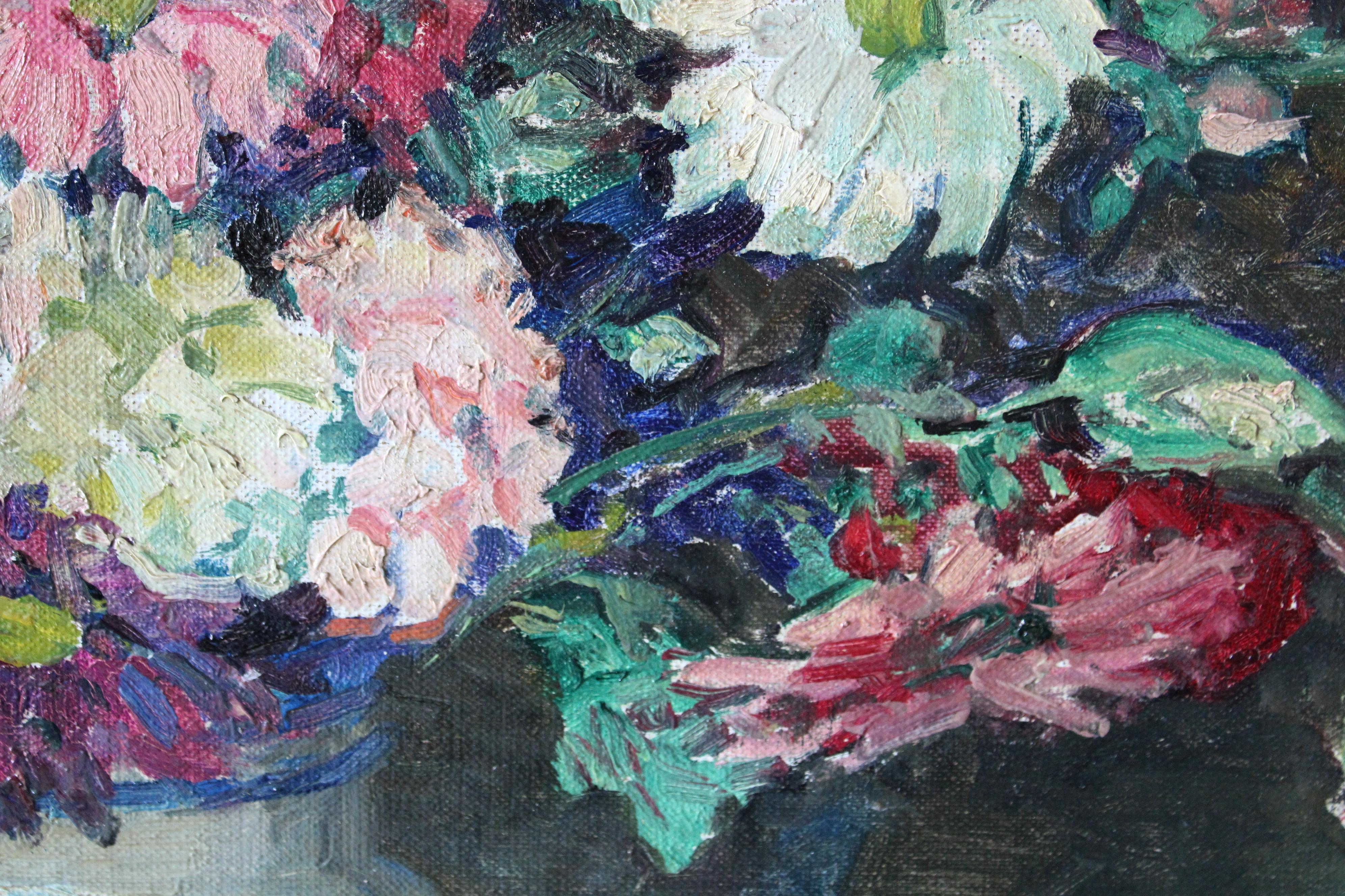 Grande peinture à l'huile vintage représentant des fleurs dans un vase de Constantin Font 3
