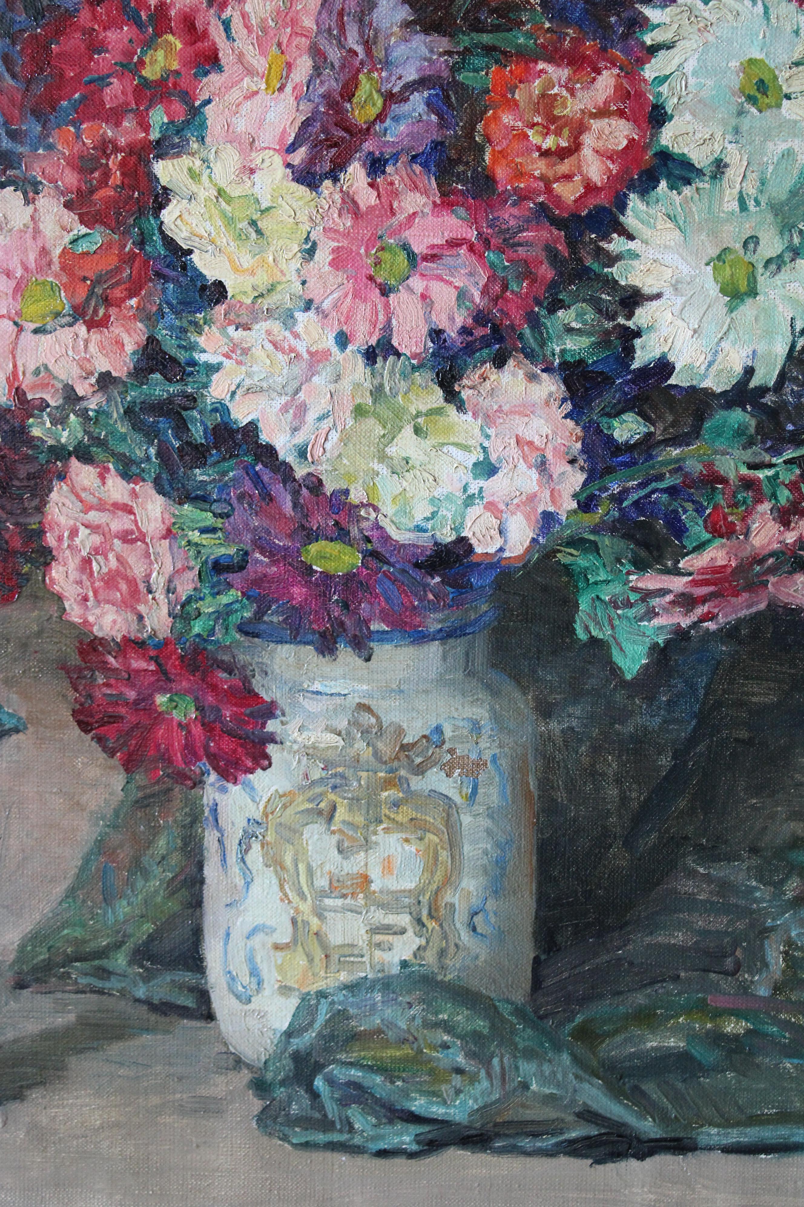 Grande peinture à l'huile vintage représentant des fleurs dans un vase de Constantin Font 4