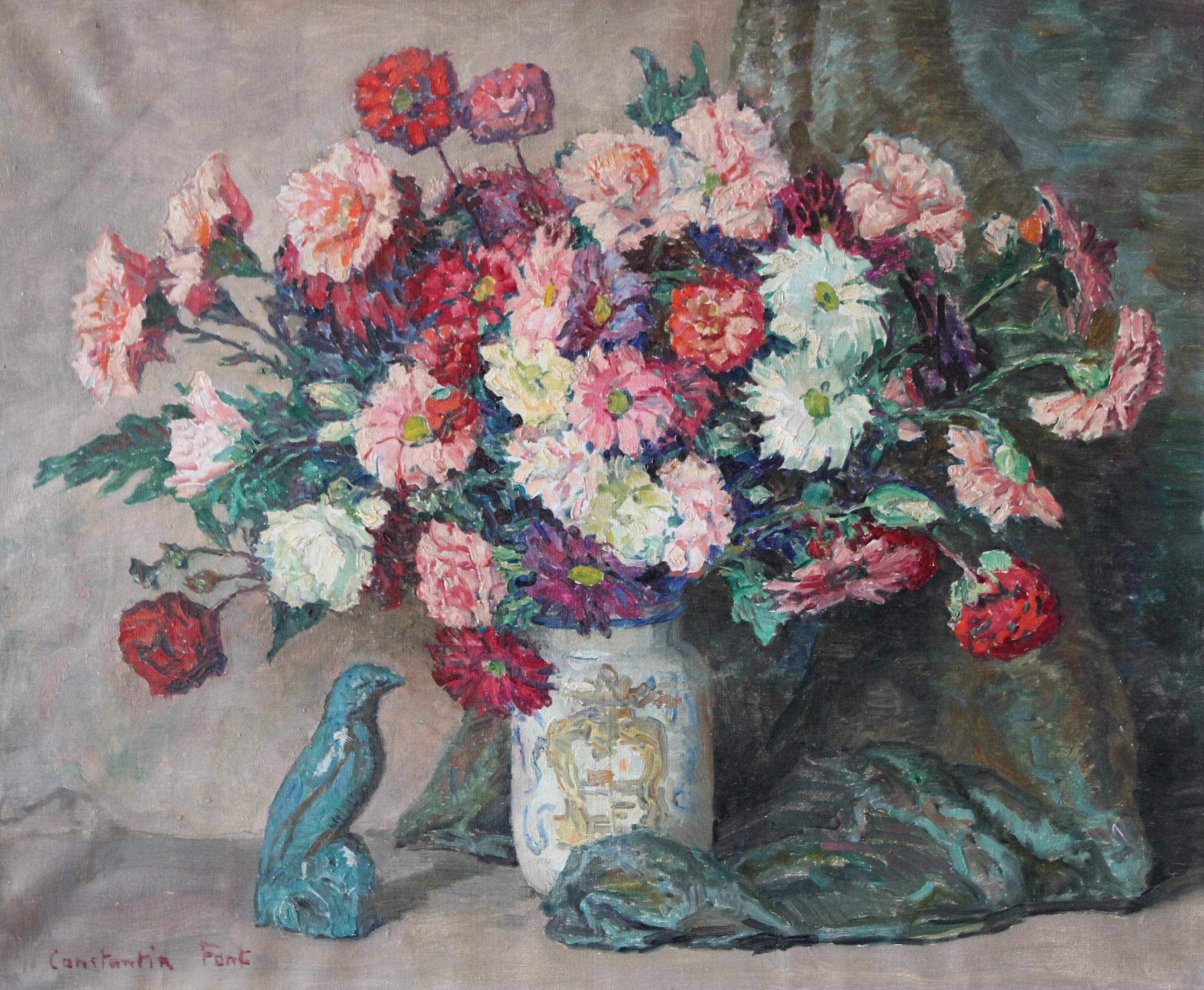 Constantin FONT Still-Life Painting - Large Vintage Still Life oil painting of flowers in a vase by Constantin Font