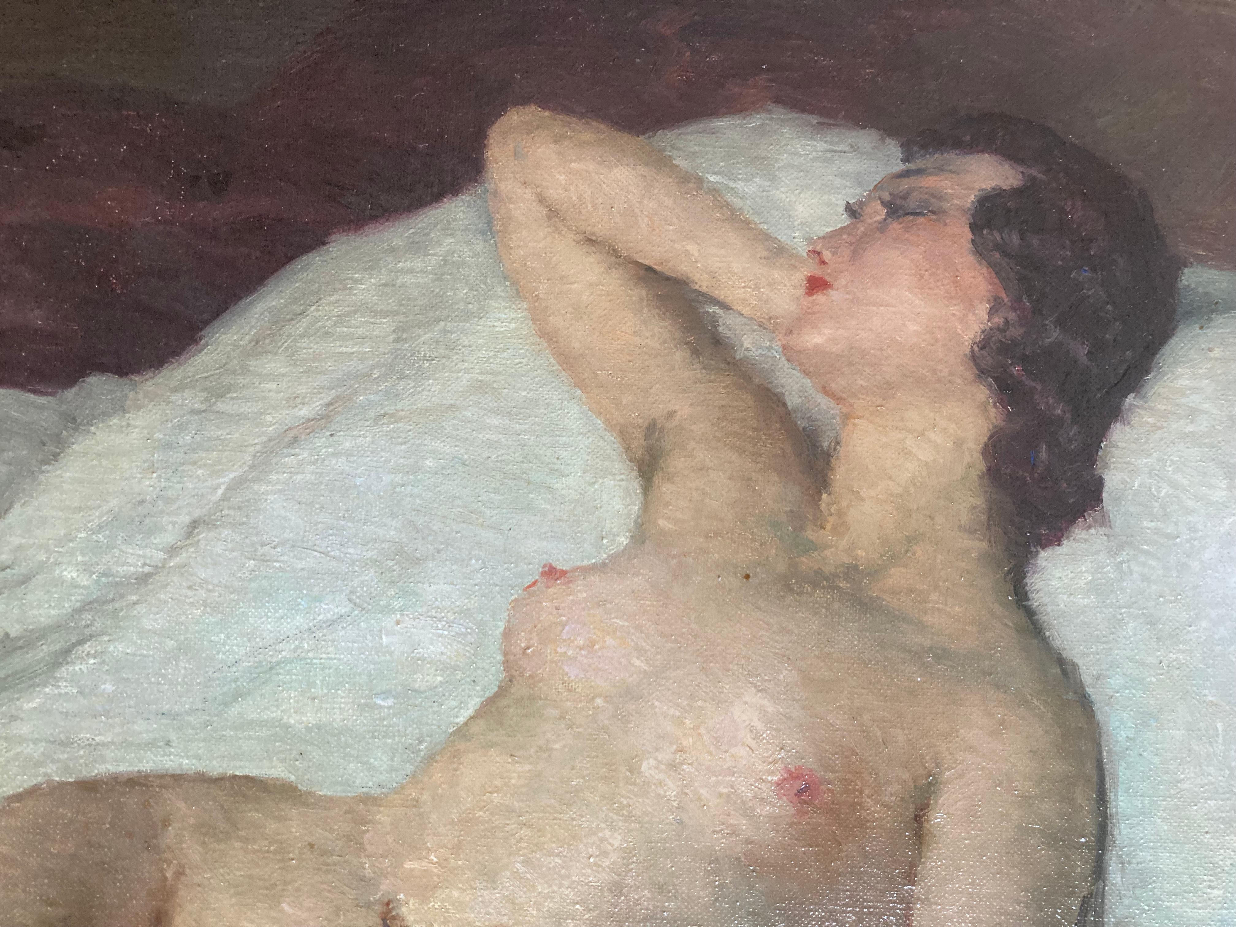Reclining Nude (Framed Early 20th Century French Woman Portrait Painting) - Gray Nude Painting by Constantin FONT