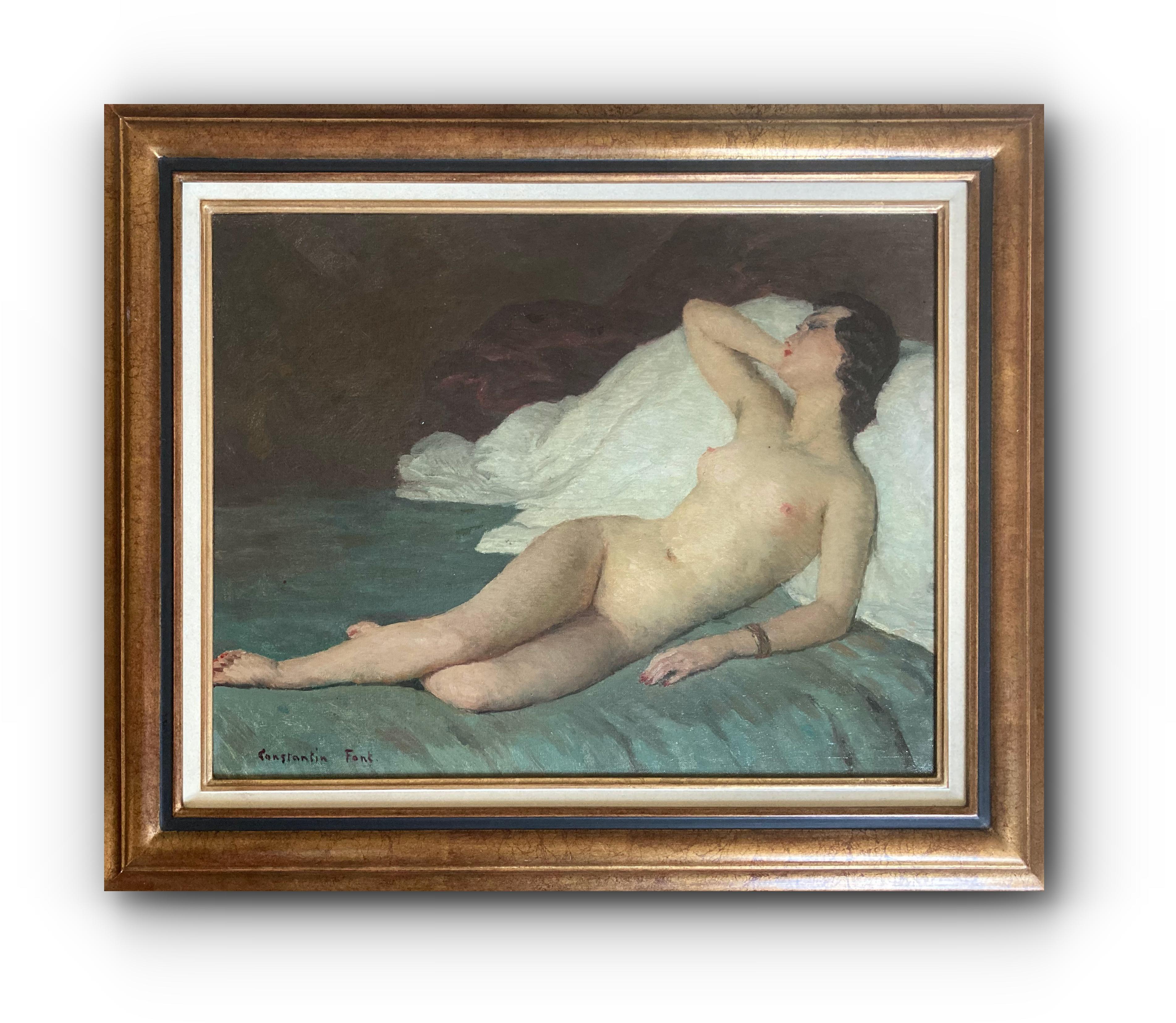 Constantin FONT Nude Painting - Reclining Nude (Framed Early 20th Century French Woman Portrait Painting)
