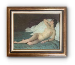 Antique Reclining Nude (Framed Early 20th Century French Woman Portrait Painting)