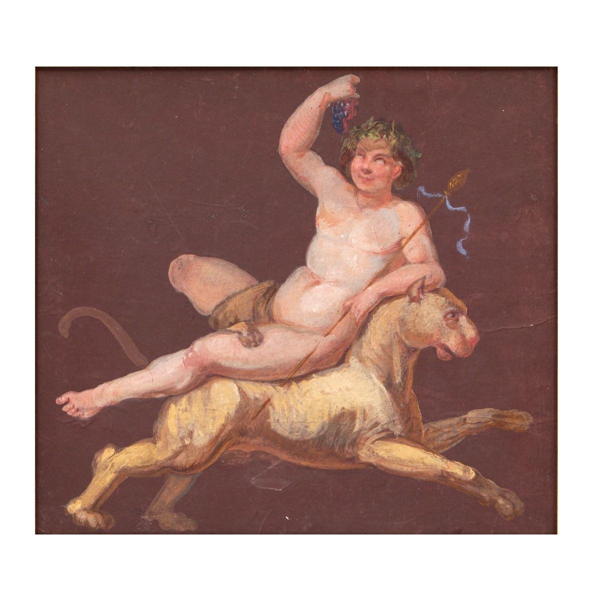Constantin Hansen, 1804–1880
Danish Golden Age gouache painting: Bacchus on a Lion.
Executed on paper, framed in a gilt wooden frame. Visible image: 31 × 33 cm.
Unsigned.
The painting is inspired by the wall paintings of Pompeii and was likely