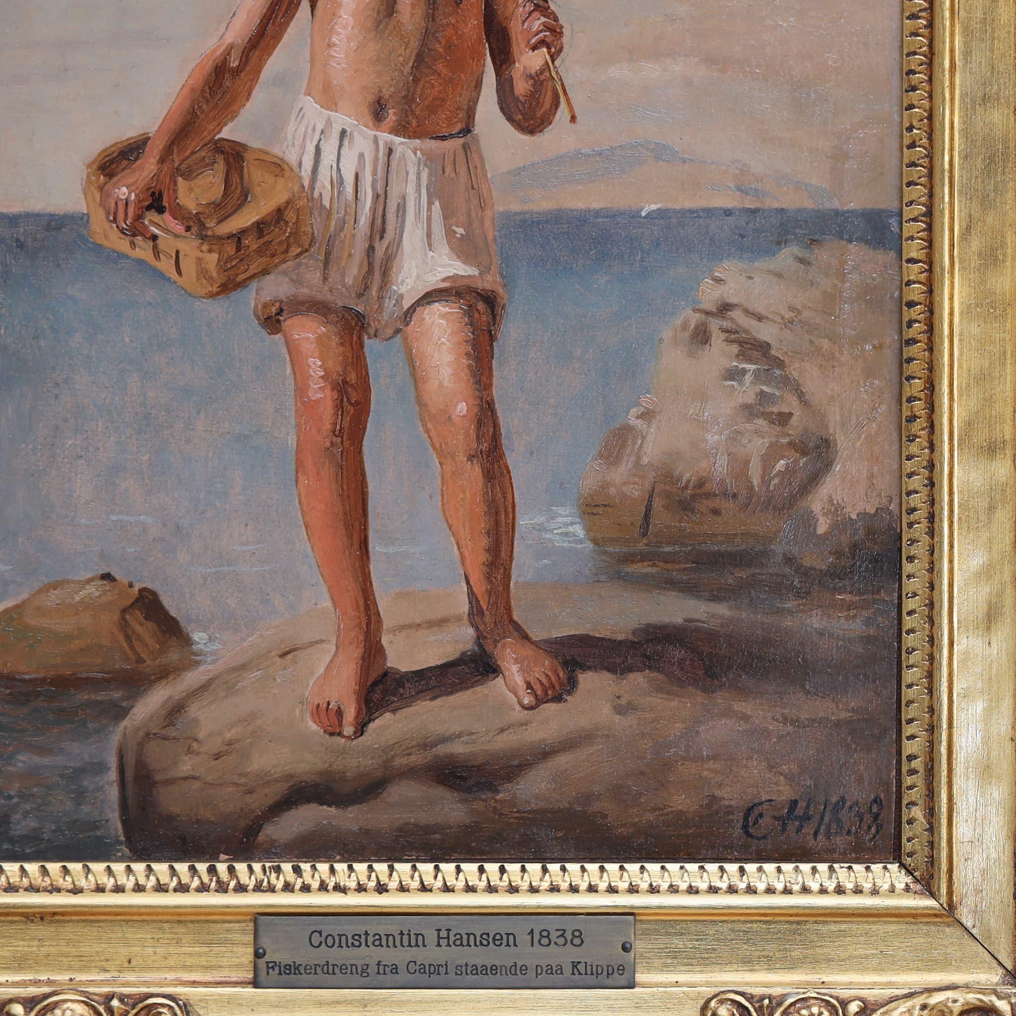 Painting in Oil on Canvas, depicting a young fisher boy in swimming trunks, shouldering his fishing rod and holding a basket in his other hand. This wonderful small painting can be considered a study for Hansen's main artwork, called 