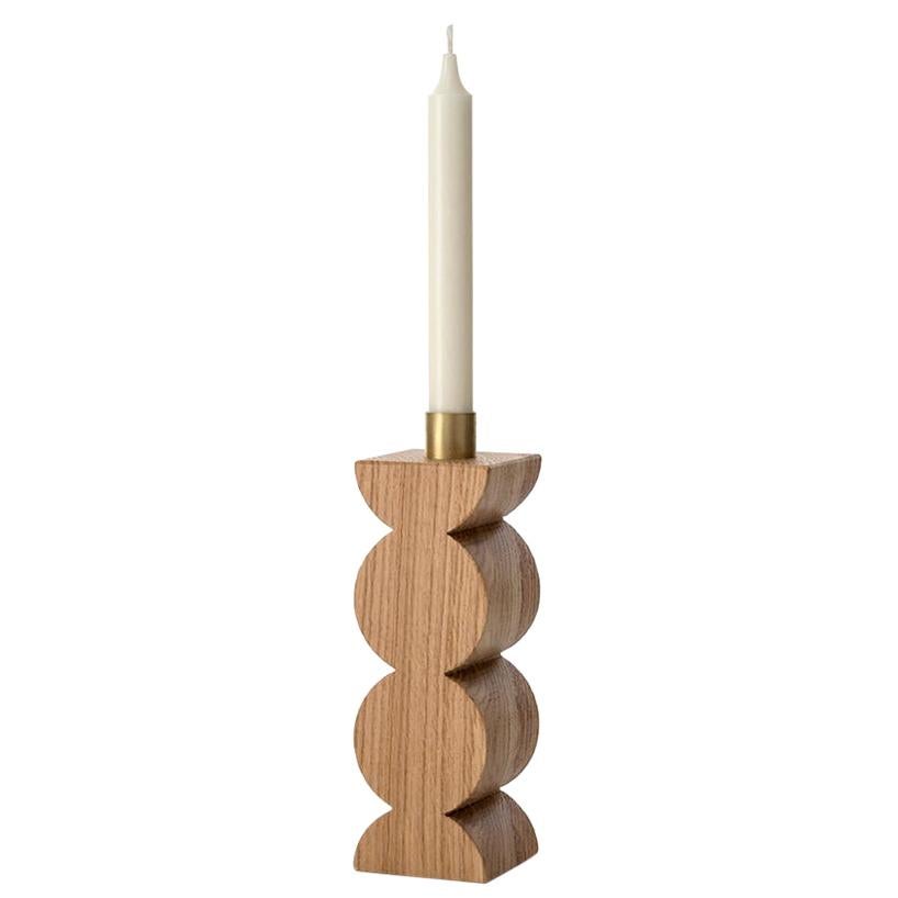 Constantin I Candleholder in Solid Oak and Brass Minimalist Design with Circles