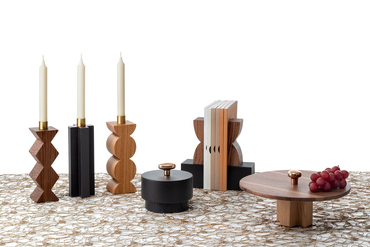 Constantin I + III set of two Candleholders in Solid Oak and Brass with Circles 5