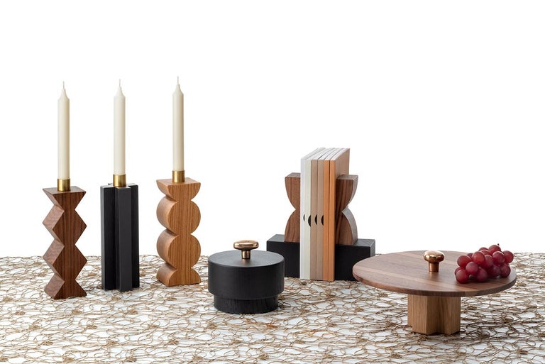 Constantin I + III set of two Candleholders in Solid Oak and Brass with Circles For Sale 6