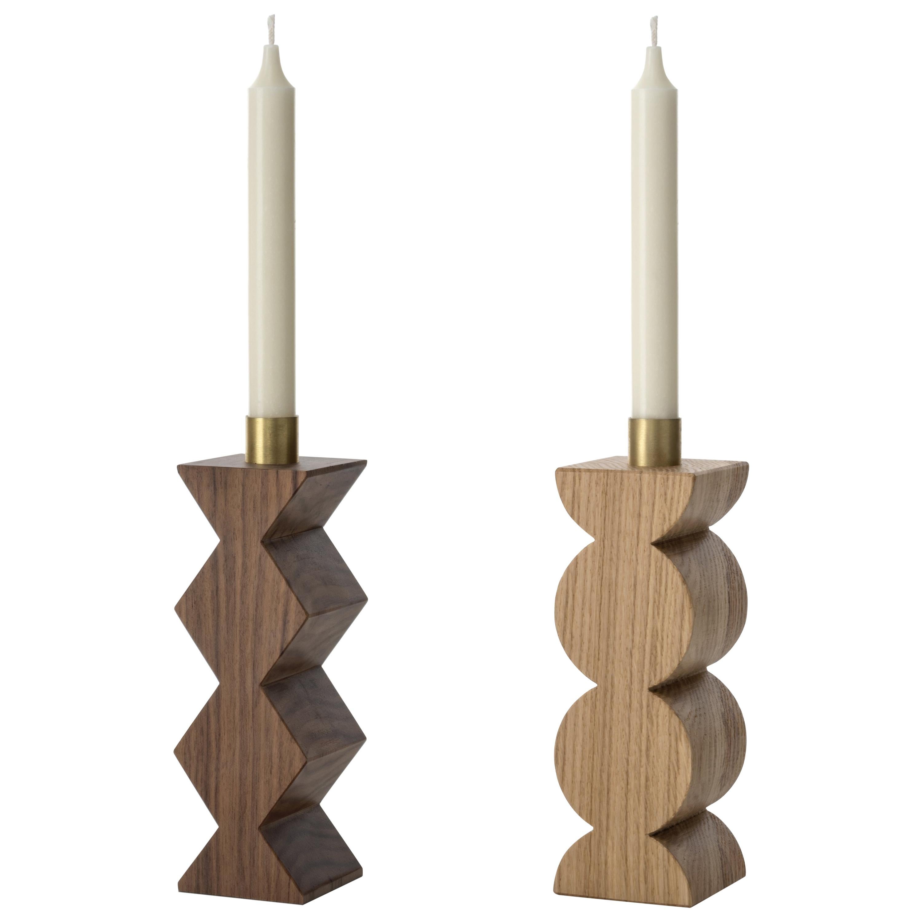 Constantin I + III set of two Candleholders in Solid Oak and Brass with Circles