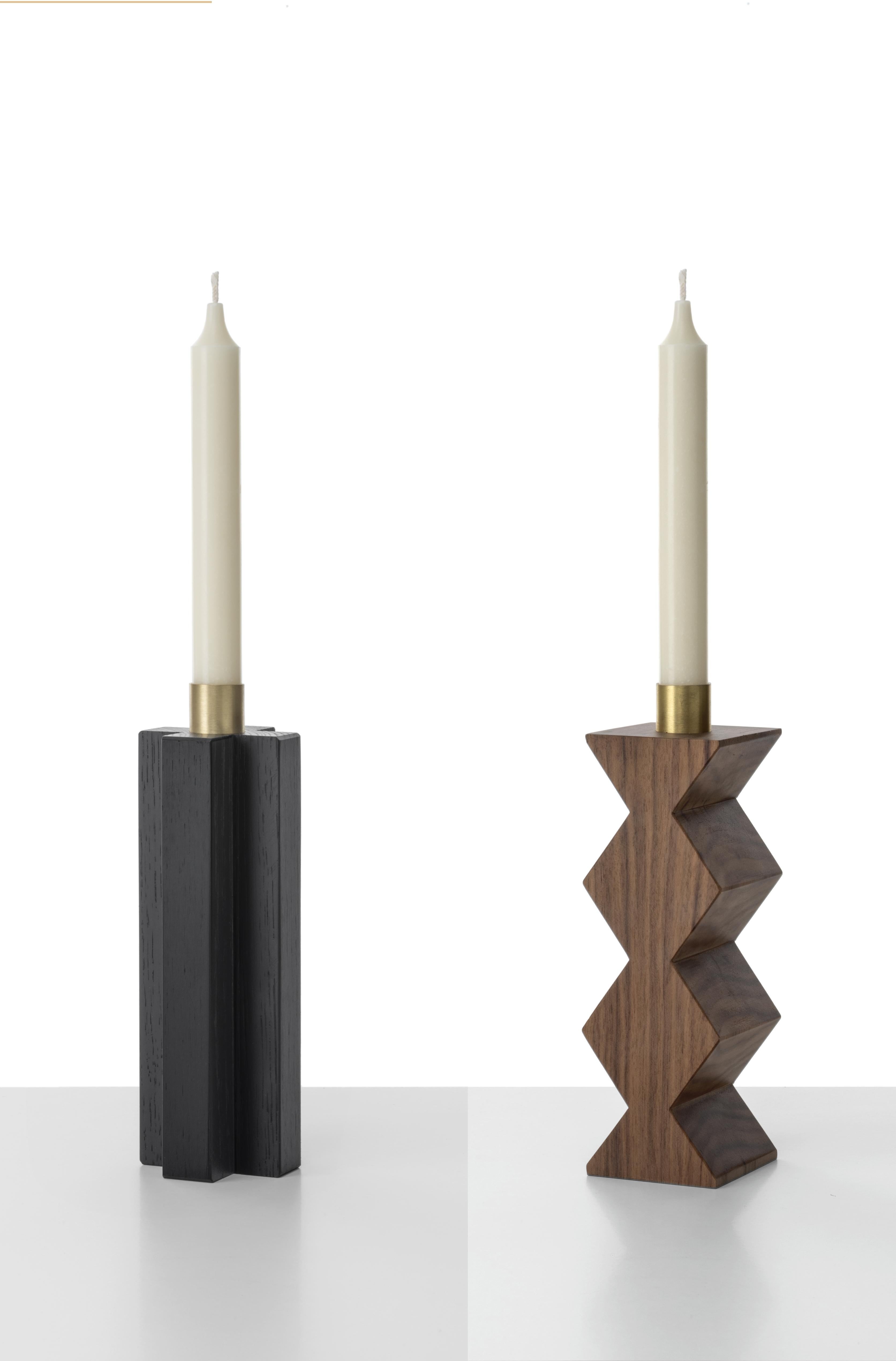 Minimalist Constantin II + III Set of Two Candleholders in Black Oak, Walnut and Brass